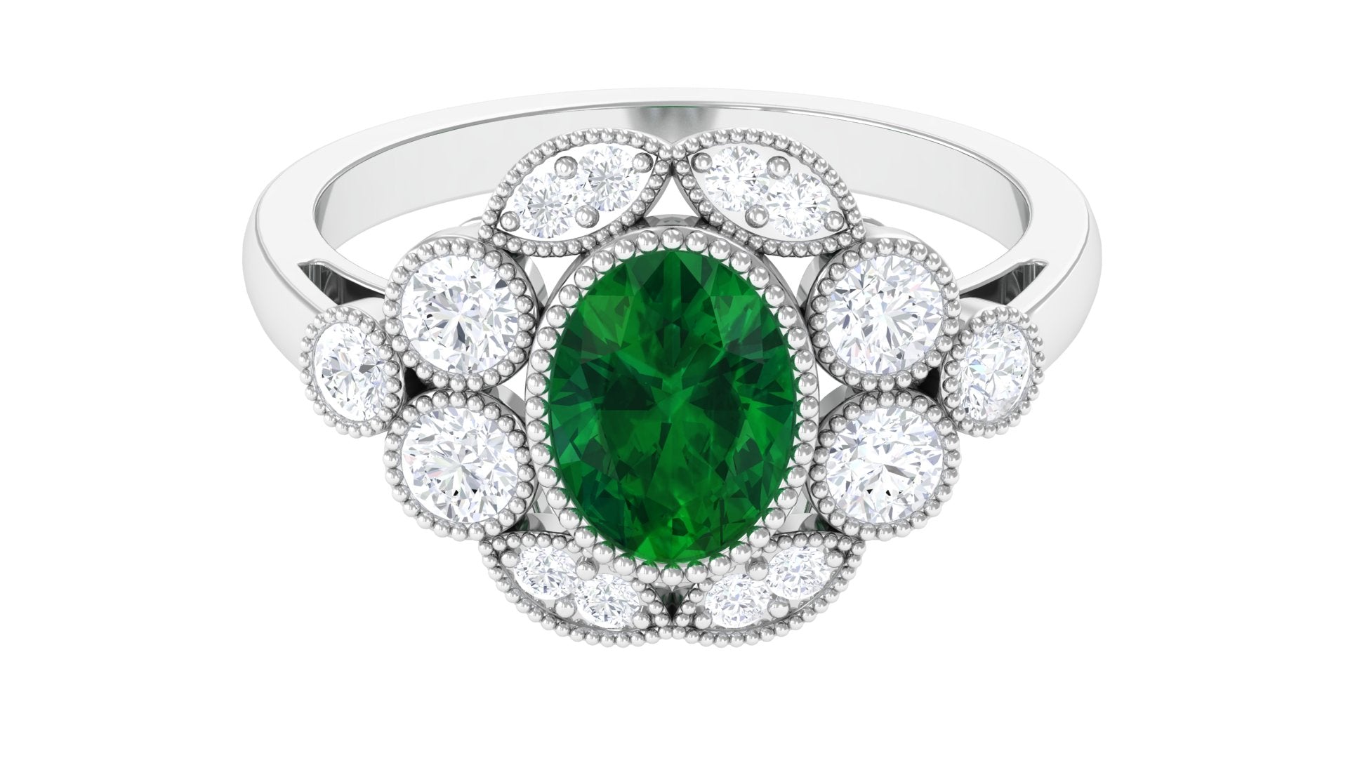 Oval Created Emerald Statement Engagement Ring with Moissanite Halo Lab Created Emerald - ( AAAA ) - Quality - Rosec Jewels
