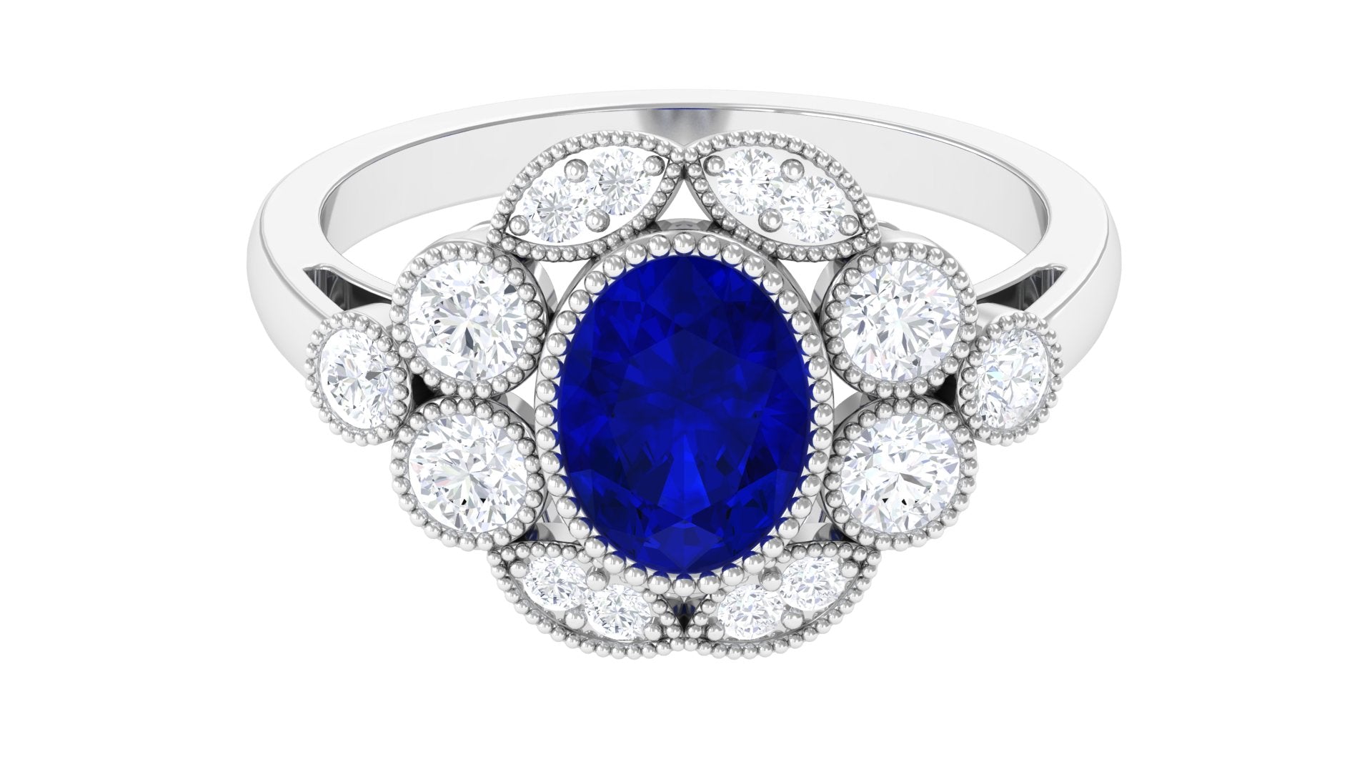 Oval Created Blue Sapphire Statement Engagement Ring with Diamond Halo Lab Created Blue Sapphire - ( AAAA ) - Quality - Rosec Jewels