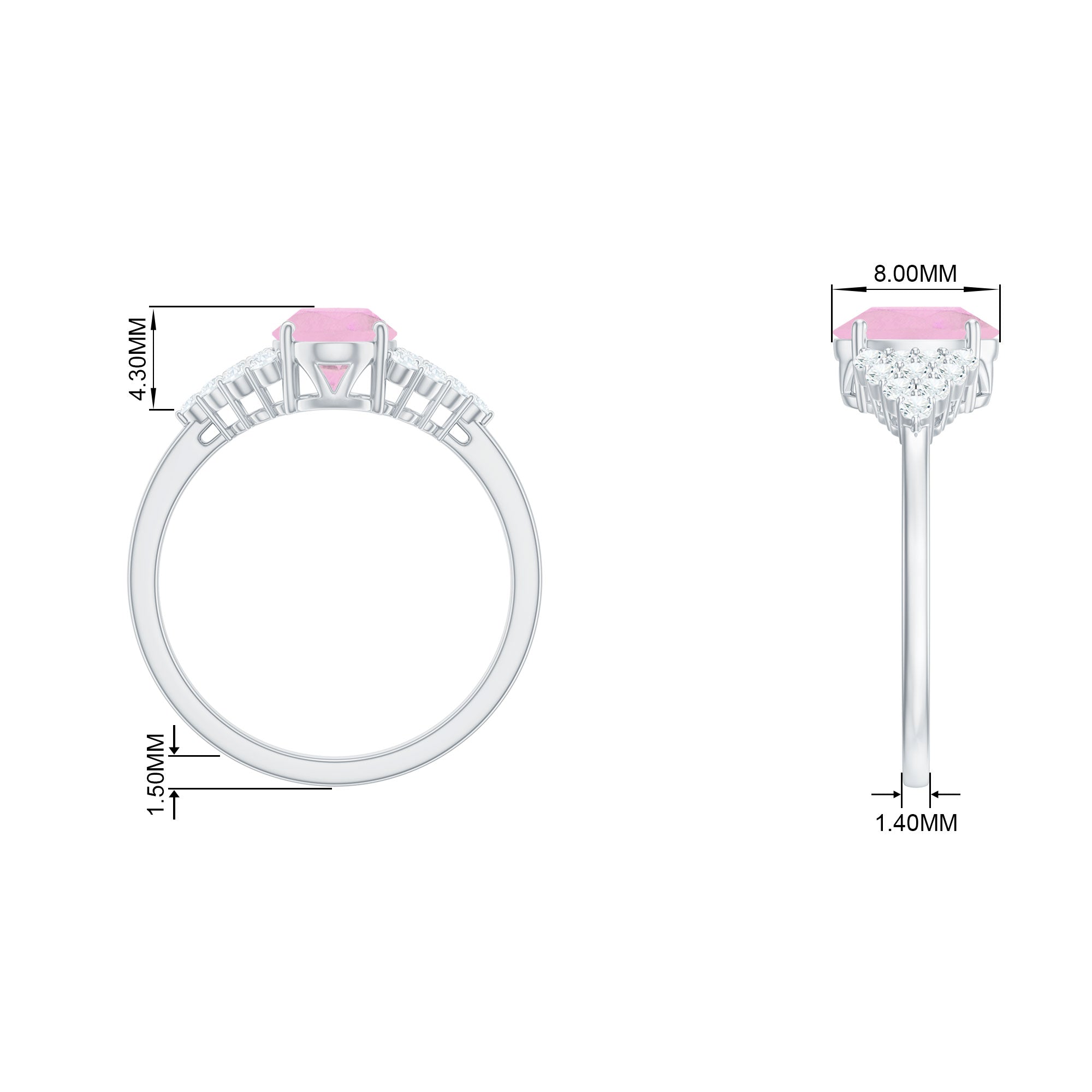 1.50 CT Elegant Rose Quartz Solitaire Ring with Diamond Accent Rose Quartz - ( AAA ) - Quality - Rosec Jewels