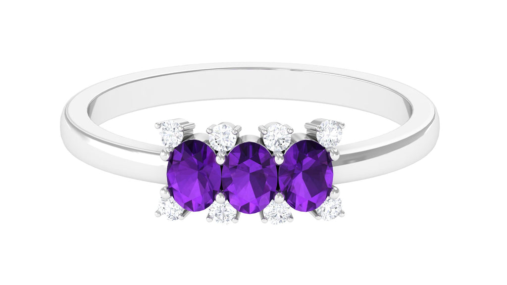 1/2 CT Oval Amethyst Three Stone Promise Ring with Diamond Amethyst - ( AAA ) - Quality - Rosec Jewels