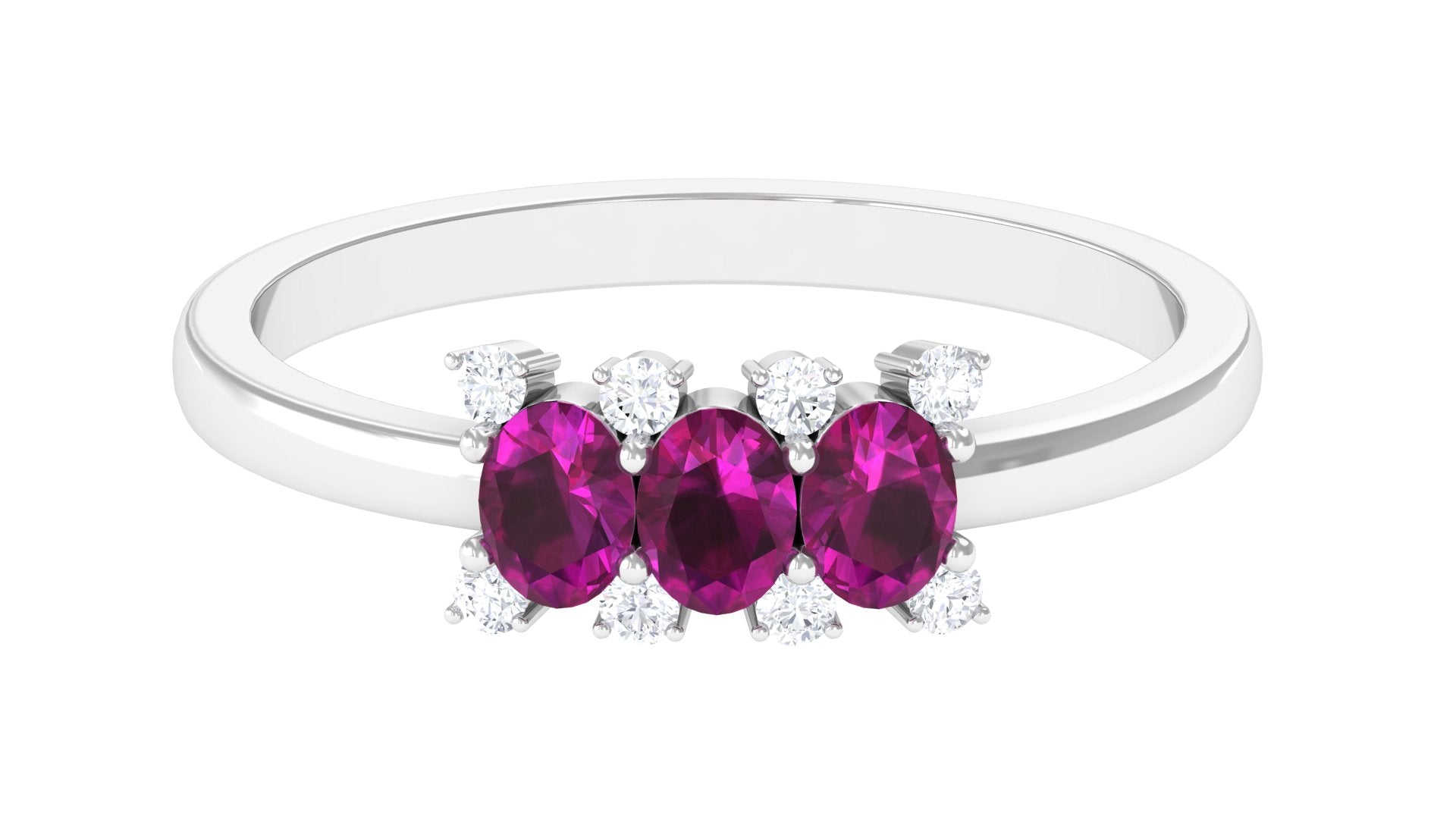 0.75 CT Oval Cut Rhodolite Three Stone Ring with Diamond Rhodolite - ( AAA ) - Quality - Rosec Jewels