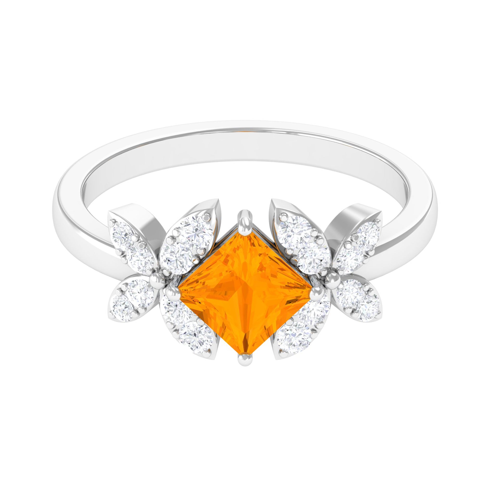 1.50 CT Princess Cut Fire Opal Flower Engagement Ring with Diamond Fire Opal - ( AAA ) - Quality - Rosec Jewels