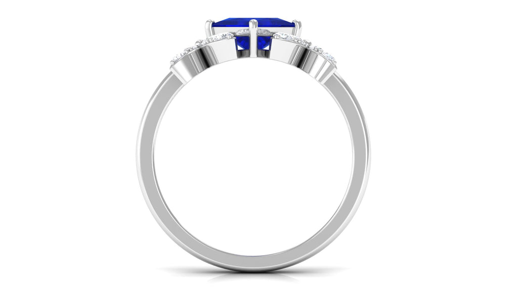 Princess Cut Created Blue Sapphire and Diamond Floral Engagement Ring Lab Created Blue Sapphire - ( AAAA ) - Quality - Rosec Jewels