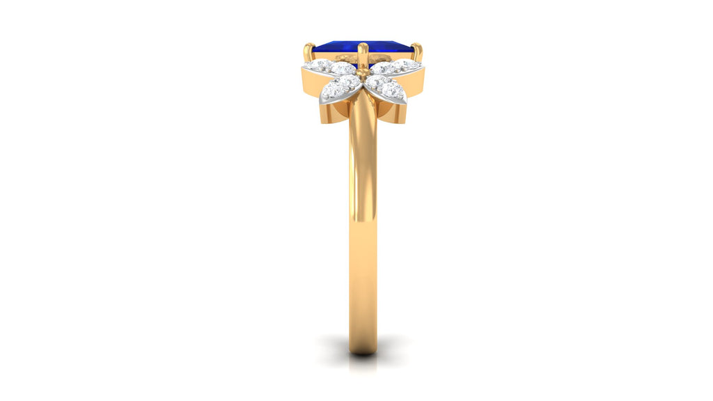 Princess Cut Created Blue Sapphire and Diamond Floral Engagement Ring Lab Created Blue Sapphire - ( AAAA ) - Quality - Rosec Jewels