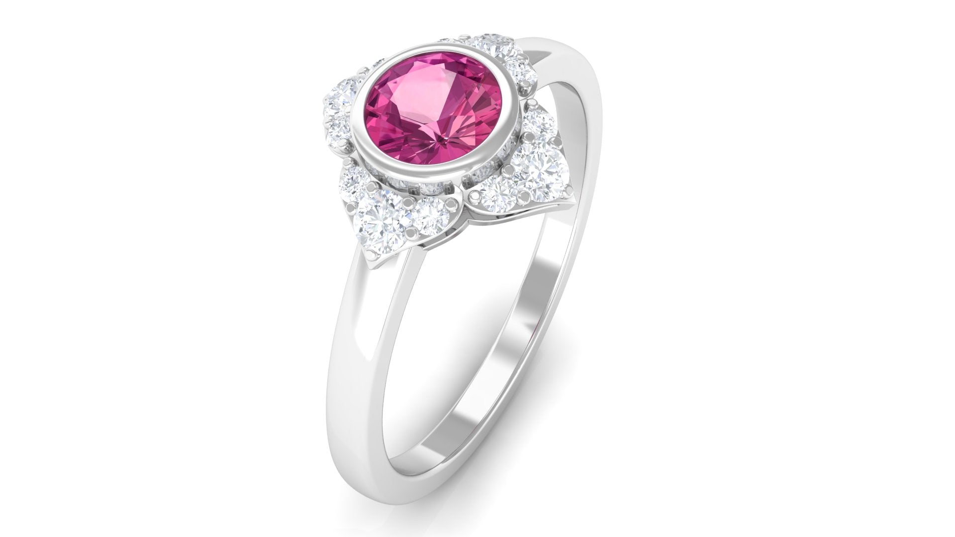 Pink Tourmaline Floral Engagement Ring with Diamond Halo Pink Tourmaline - ( AAA ) - Quality - Rosec Jewels