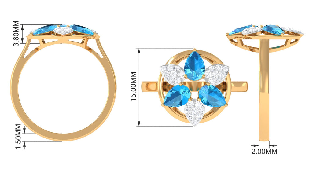 Swiss Blue Topaz Floral Cocktail Ring with Diamond Swiss Blue Topaz - ( AAA ) - Quality - Rosec Jewels