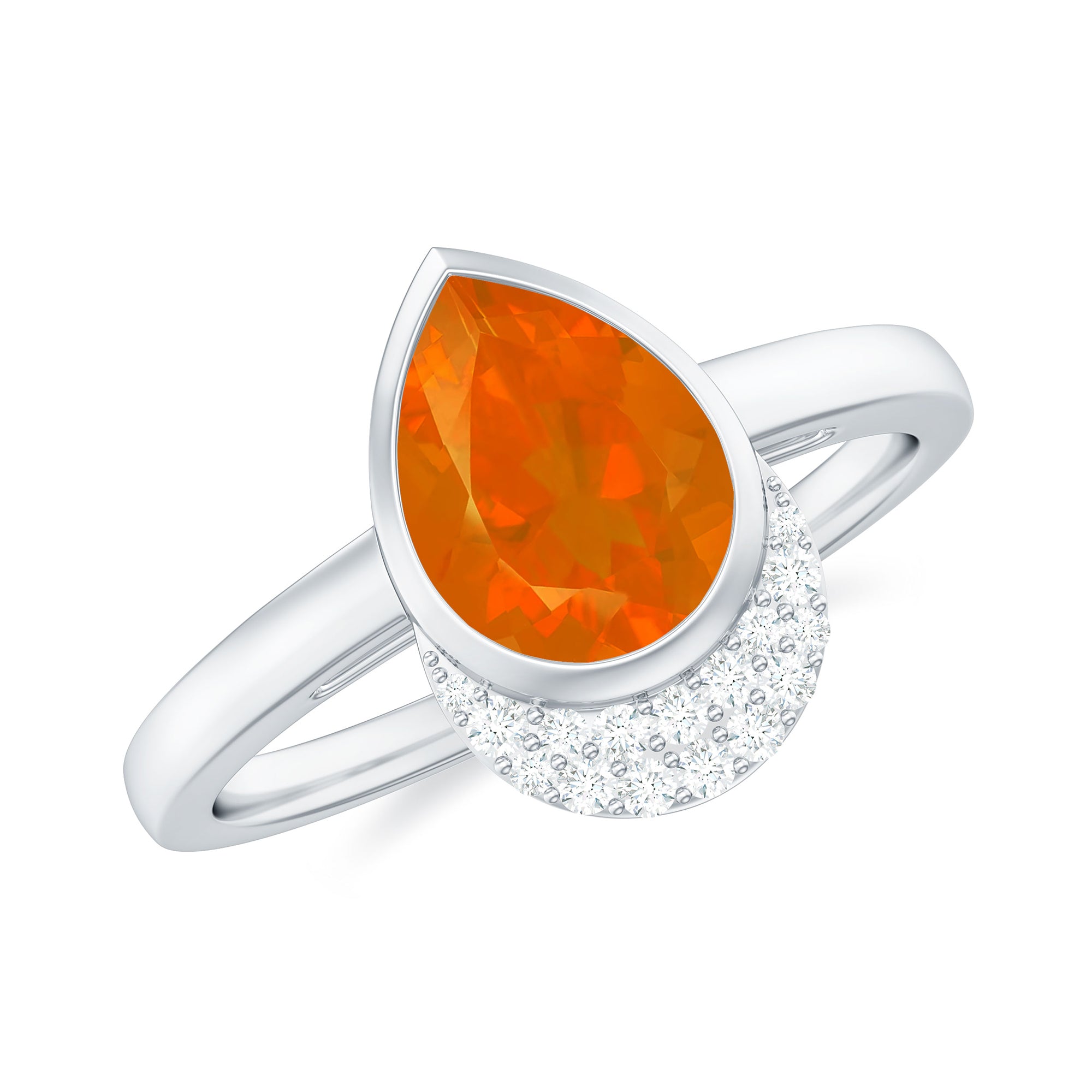 Bezel Set Fire Opal Teardrop Cocktail Engagement Ring with Diamond Accent Fire Opal - ( AAA ) - Quality - Rosec Jewels
