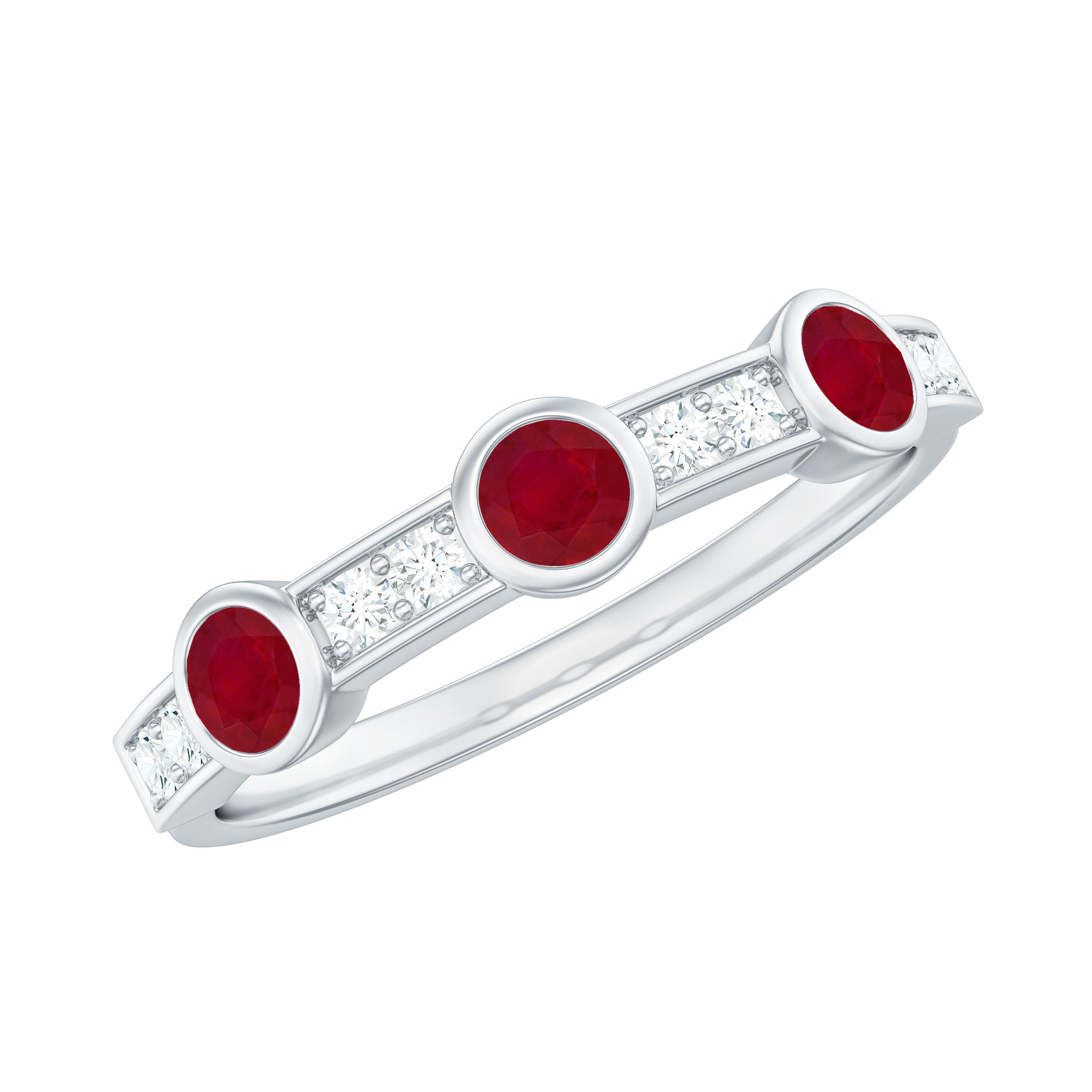 Minimal Semi Eternity Ring with Red Ruby and Diamond Ruby - ( AAA ) - Quality - Rosec Jewels