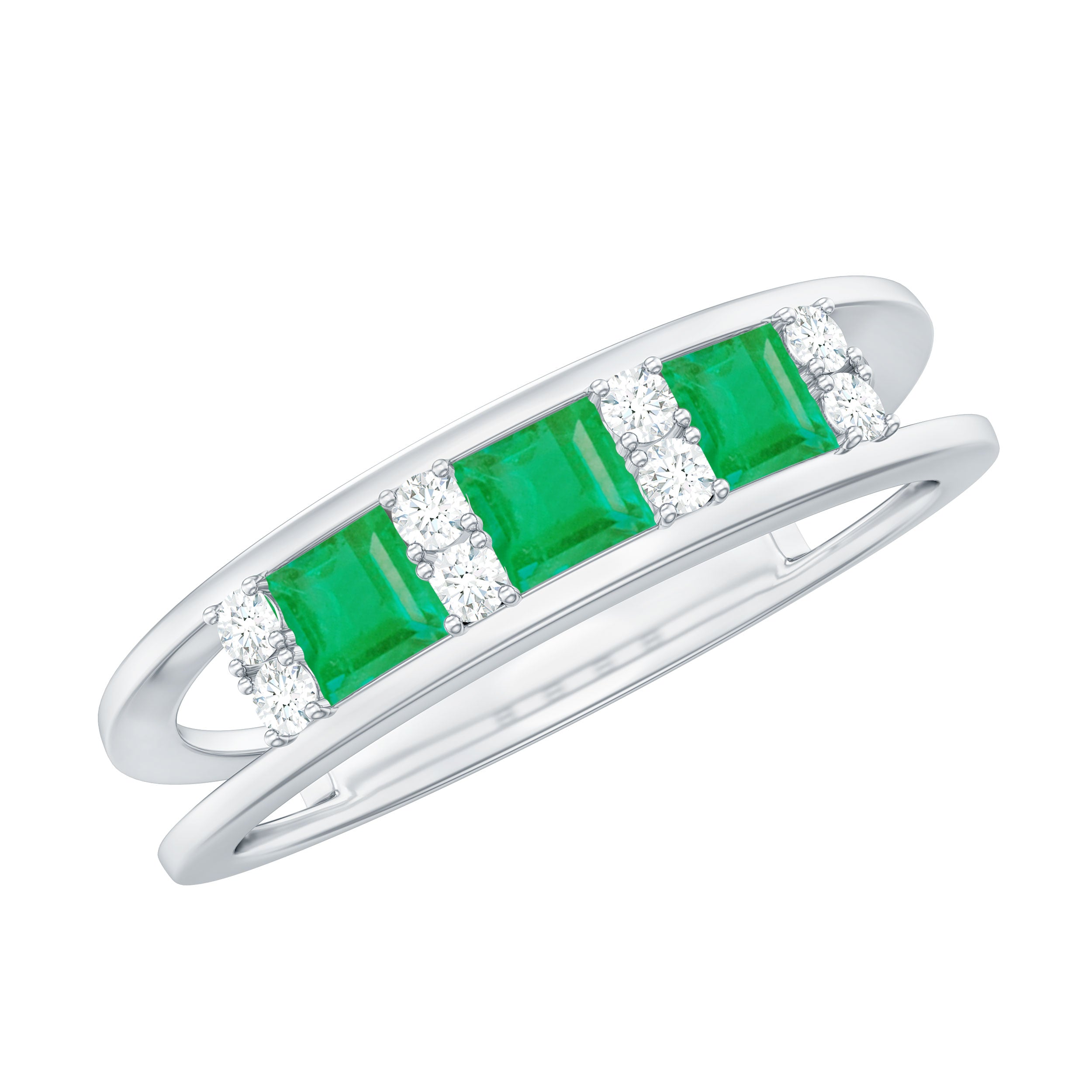 Princess Cut Emerald and Diamond Band Ring Emerald - ( AAA ) - Quality - Rosec Jewels