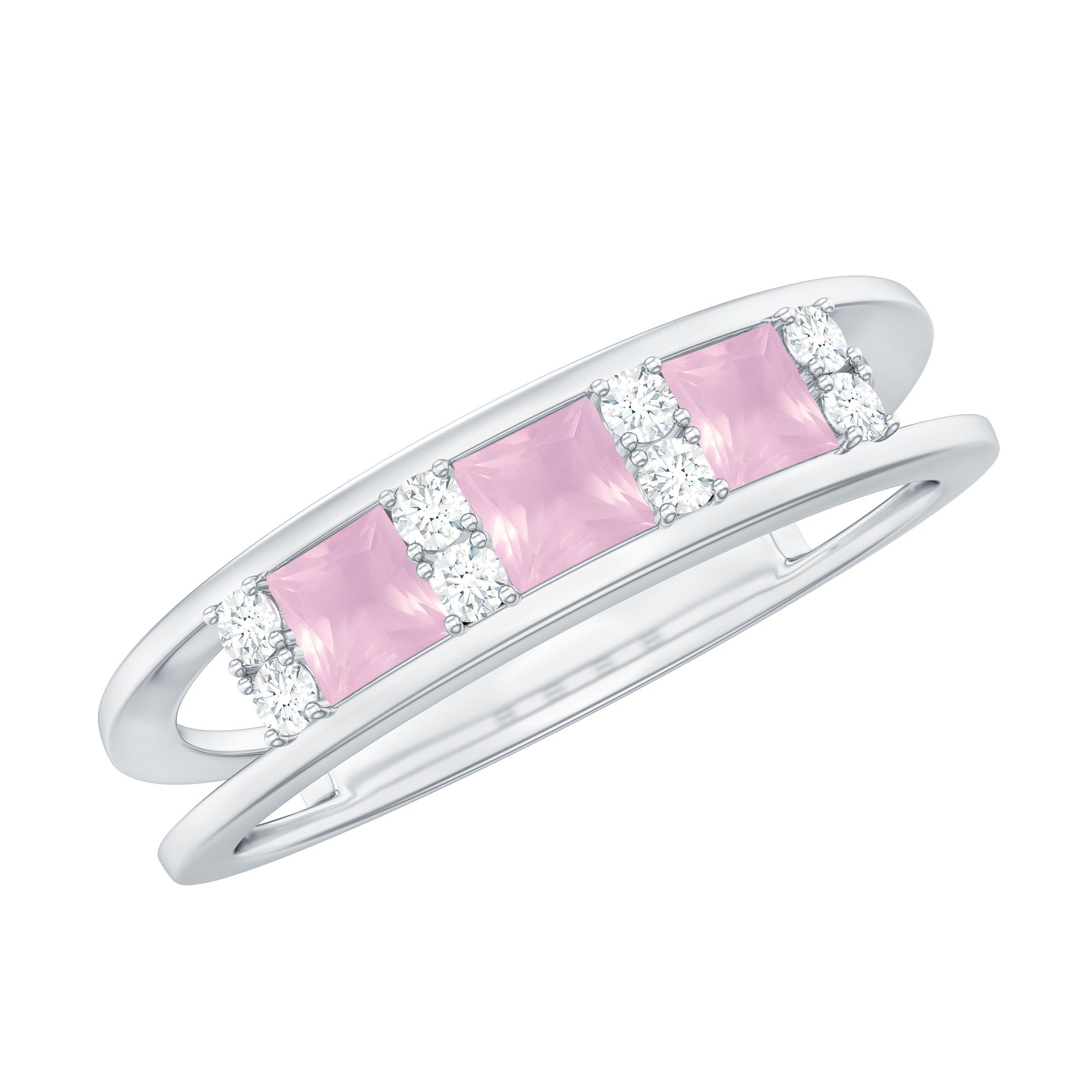 Princess Cut Rose Quartz and Diamond Band Ring Rose Quartz - ( AAA ) - Quality - Rosec Jewels
