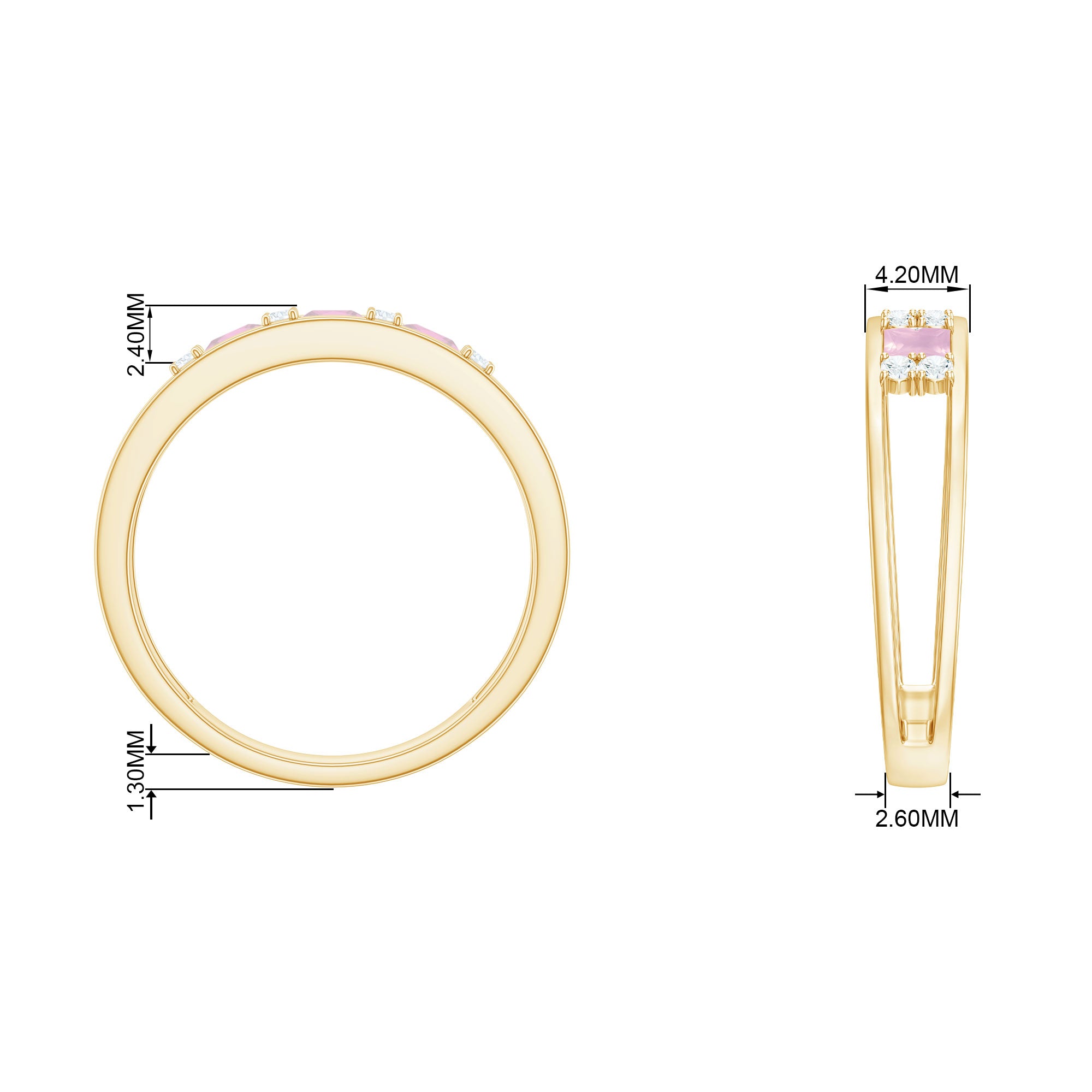 Princess Cut Rose Quartz and Diamond Band Ring Rose Quartz - ( AAA ) - Quality - Rosec Jewels