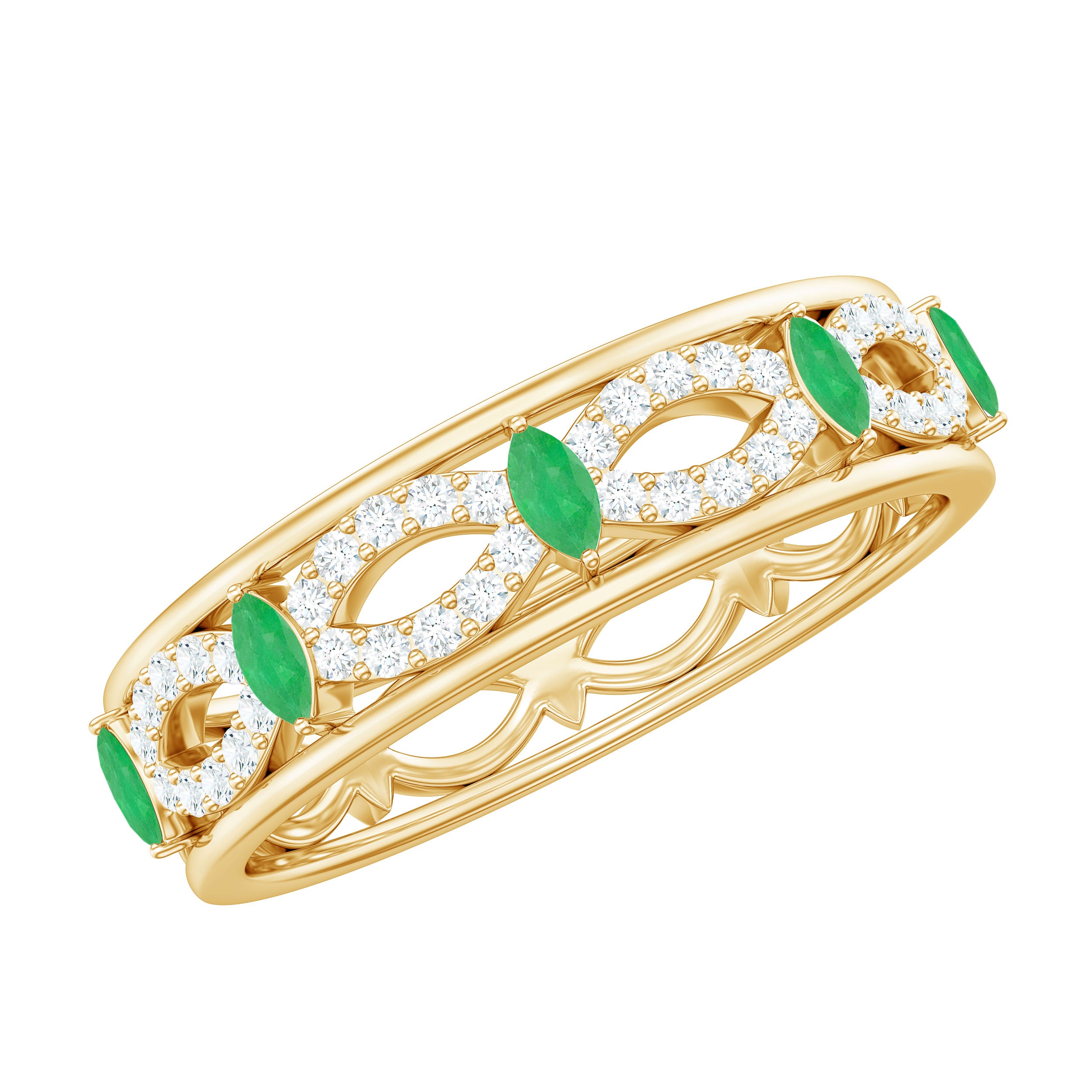 Marquise Cut Emerald Infinity Band Ring with Diamond Emerald - ( AAA ) - Quality - Rosec Jewels