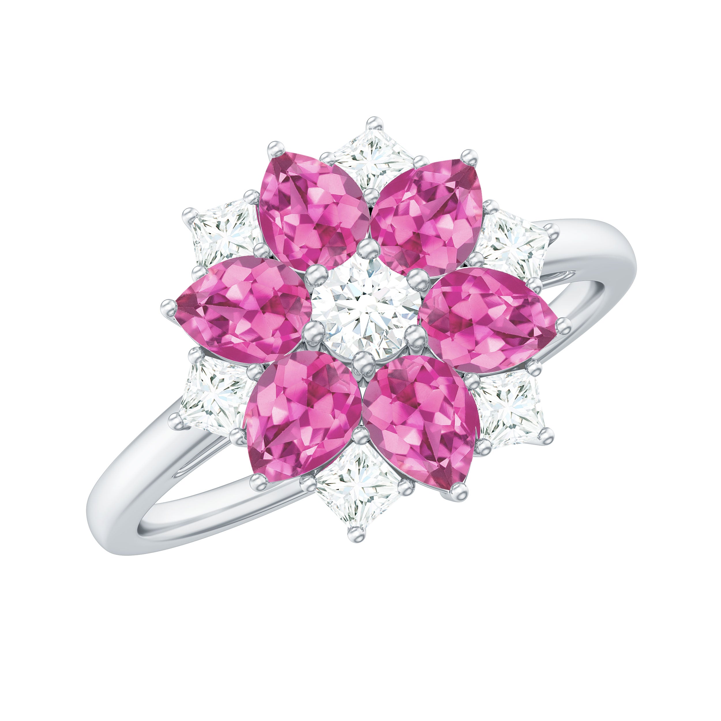 Natural Pink Tourmaline and Moissanite Flower Engagement Ring in Gold Pink Tourmaline - ( AAA ) - Quality - Rosec Jewels