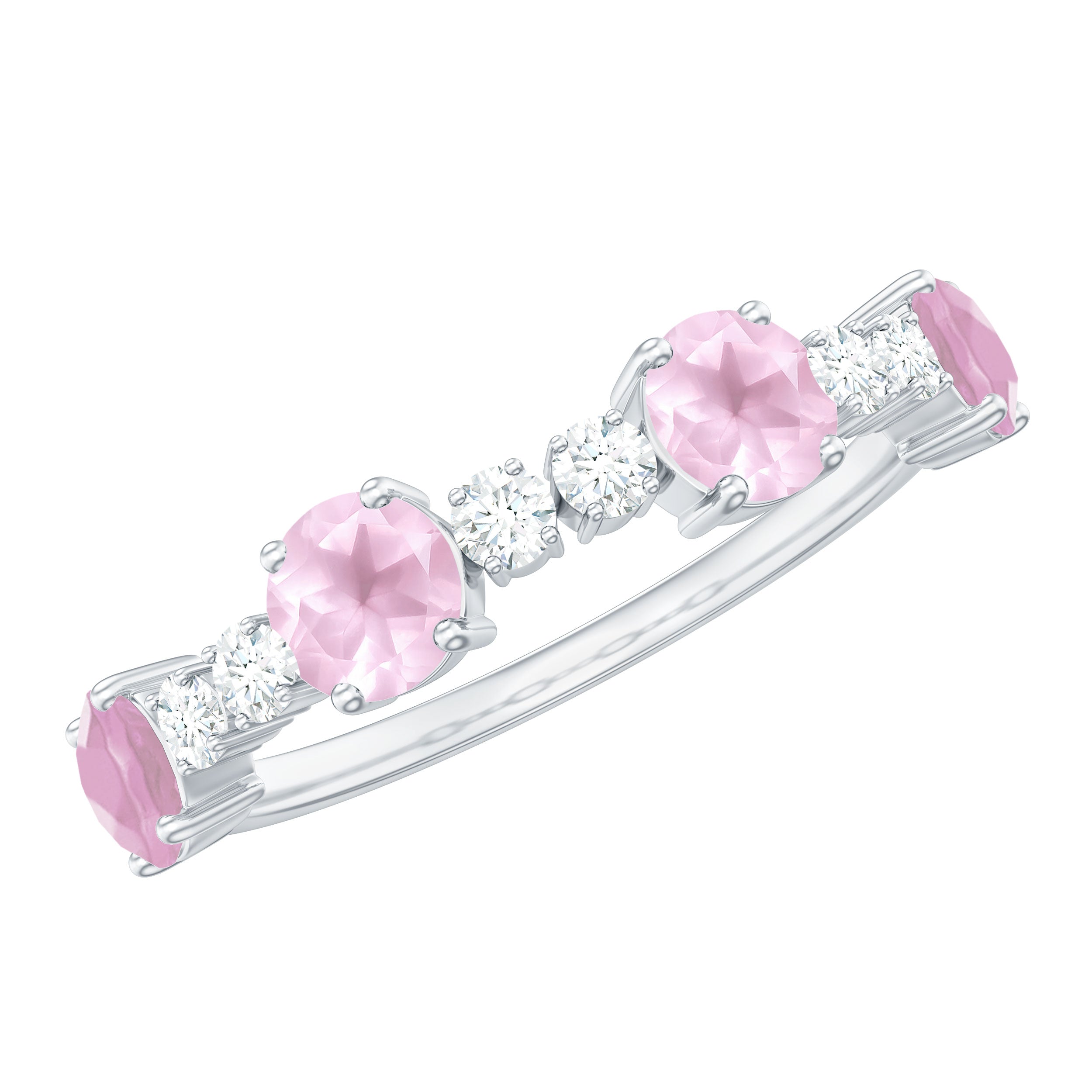 Natural Rose Quartz and Diamond Half Eternity Ring Rose Quartz - ( AAA ) - Quality - Rosec Jewels