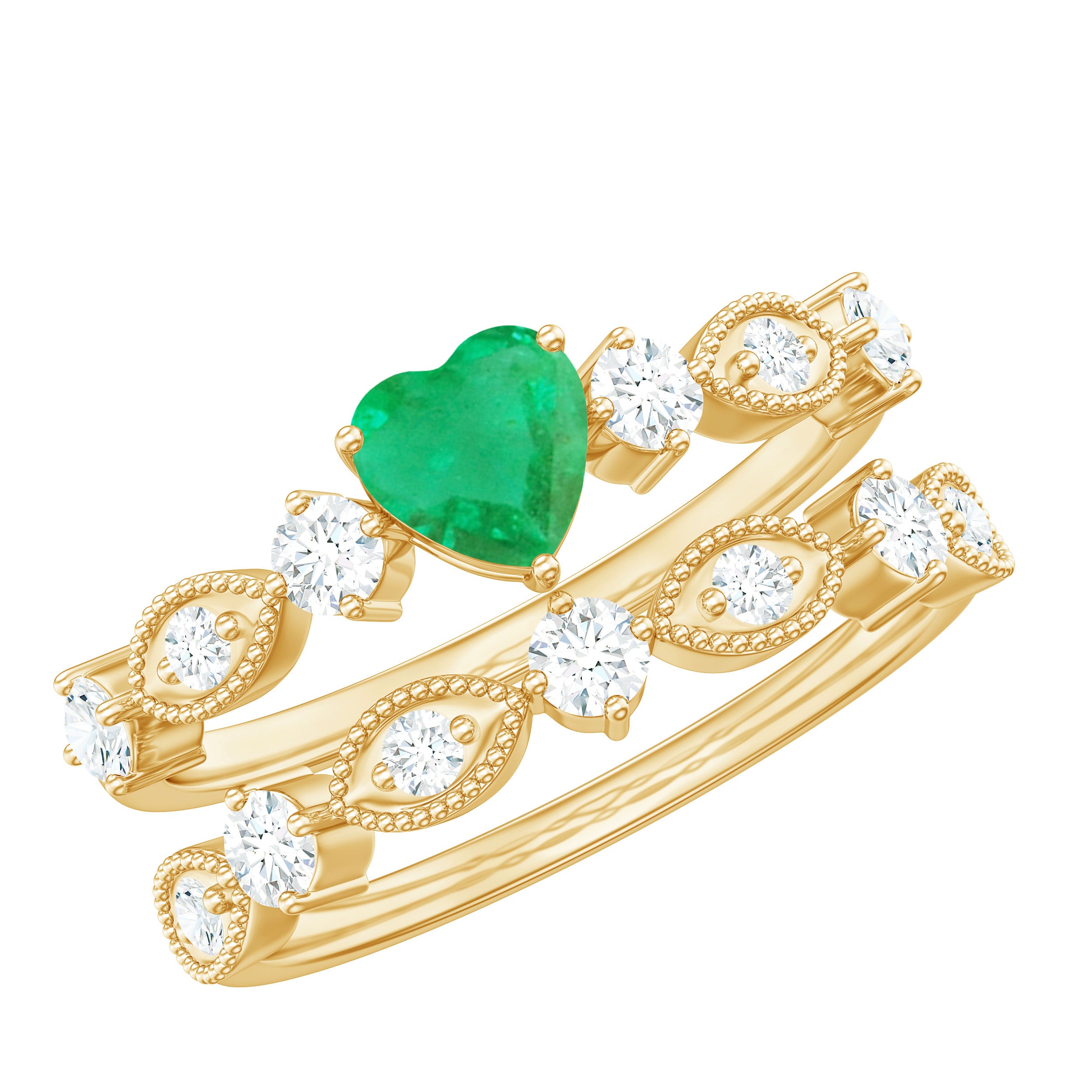Heart Shape Emerald Ring Set with Diamond Emerald - ( AAA ) - Quality - Rosec Jewels
