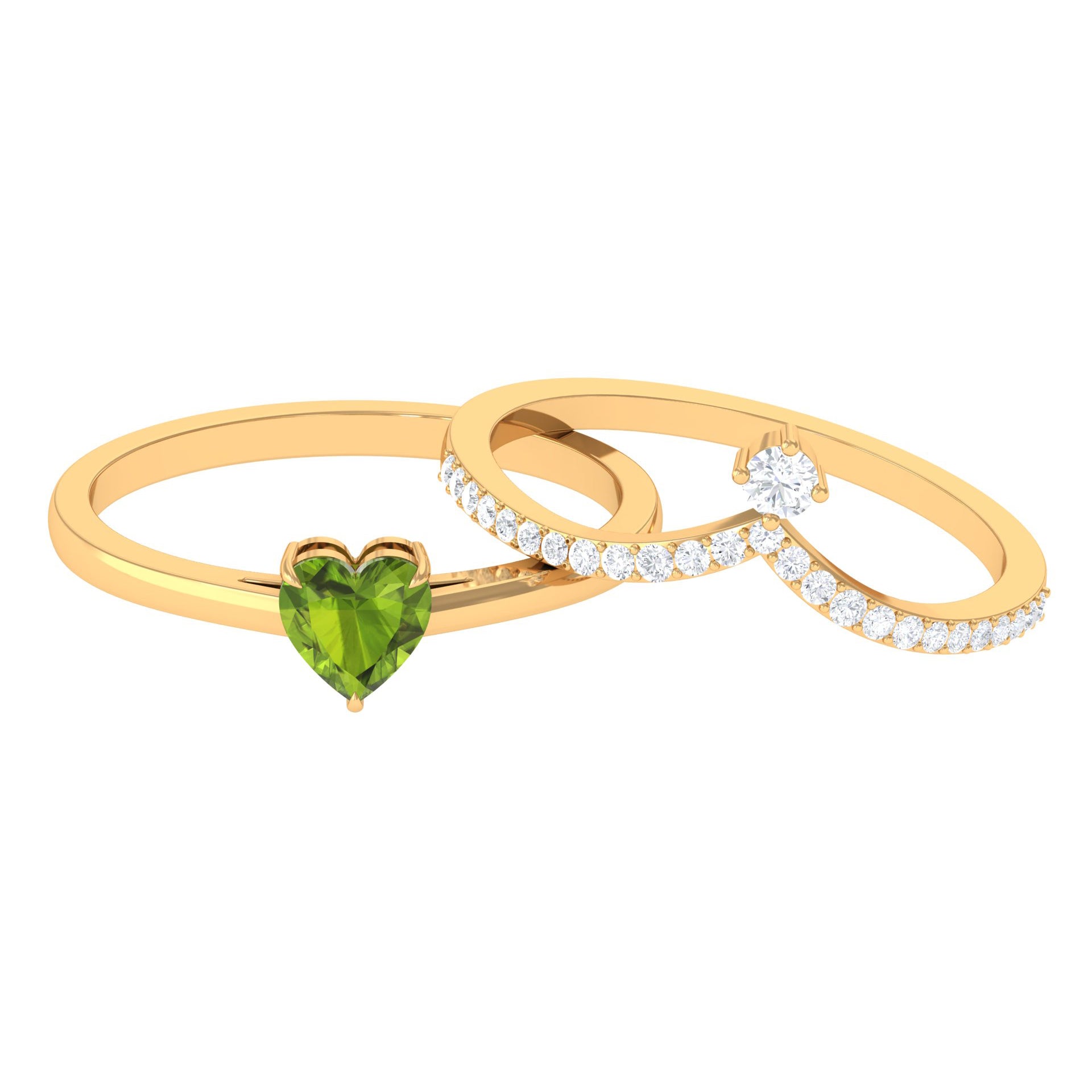 Natural Peridot Heart Ring Set with Diamond Peridot - ( AAA ) - Quality - Rosec Jewels
