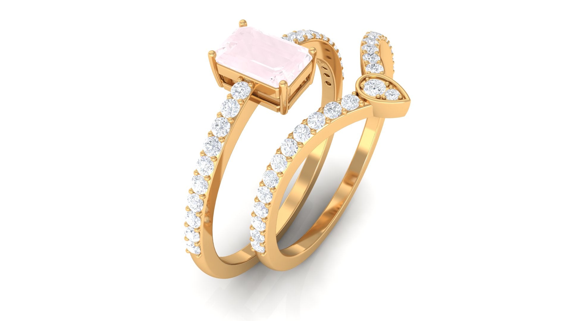 Emerald Cut Rose Quartz Solitaire Wedding Ring Set with Diamond Stackable Band Rose Quartz - ( AAA ) - Quality - Rosec Jewels