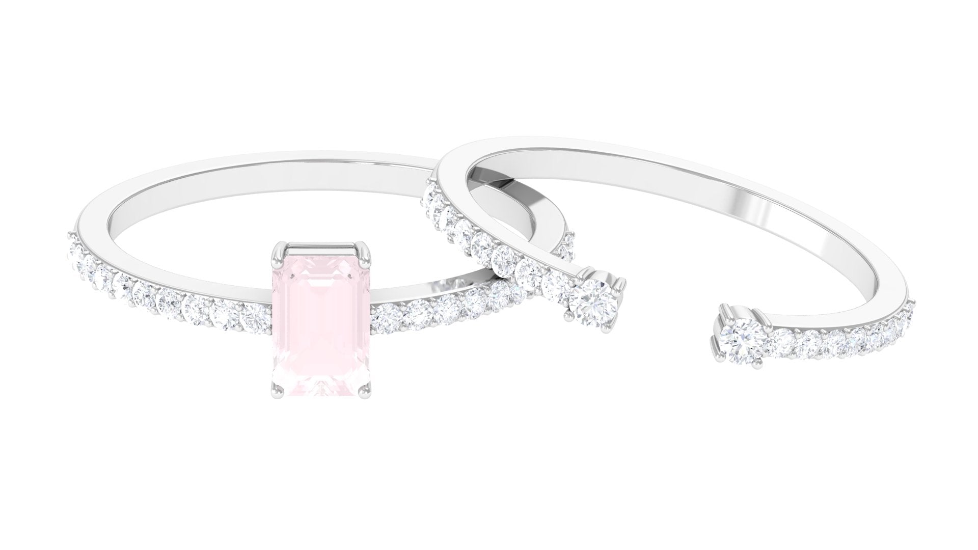 Real Rose Quartz Solitaire Ring Set with Diamond Open Cuff Band Rose Quartz - ( AAA ) - Quality - Rosec Jewels