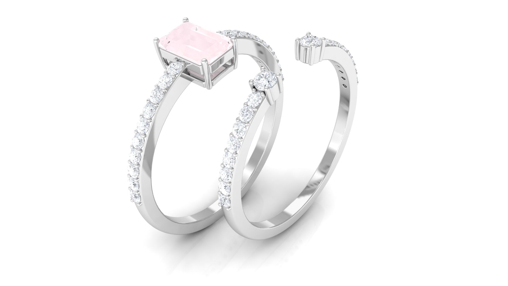 Real Rose Quartz Solitaire Ring Set with Diamond Open Cuff Band Rose Quartz - ( AAA ) - Quality - Rosec Jewels