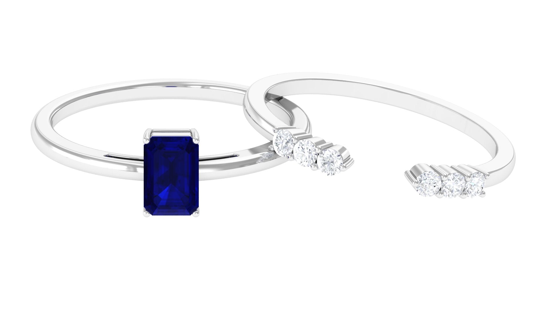 Blue Sapphire Stackable Ring Set with Diamond Blue Sapphire - ( AAA ) - Quality - Rosec Jewels