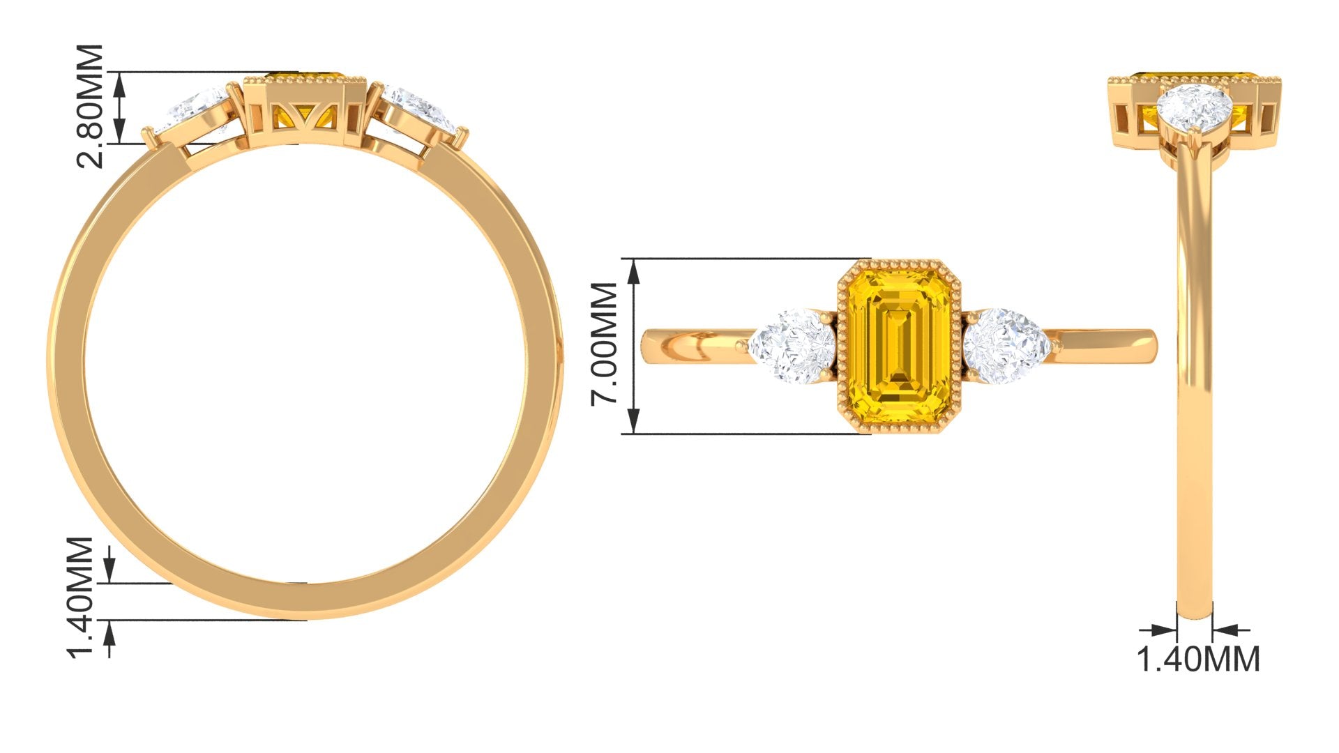 Beaded Bezel Set Emerald Cut Yellow Sapphire Solitaire Ring with Diamond Yellow Sapphire - ( AAA ) - Quality - Rosec Jewels
