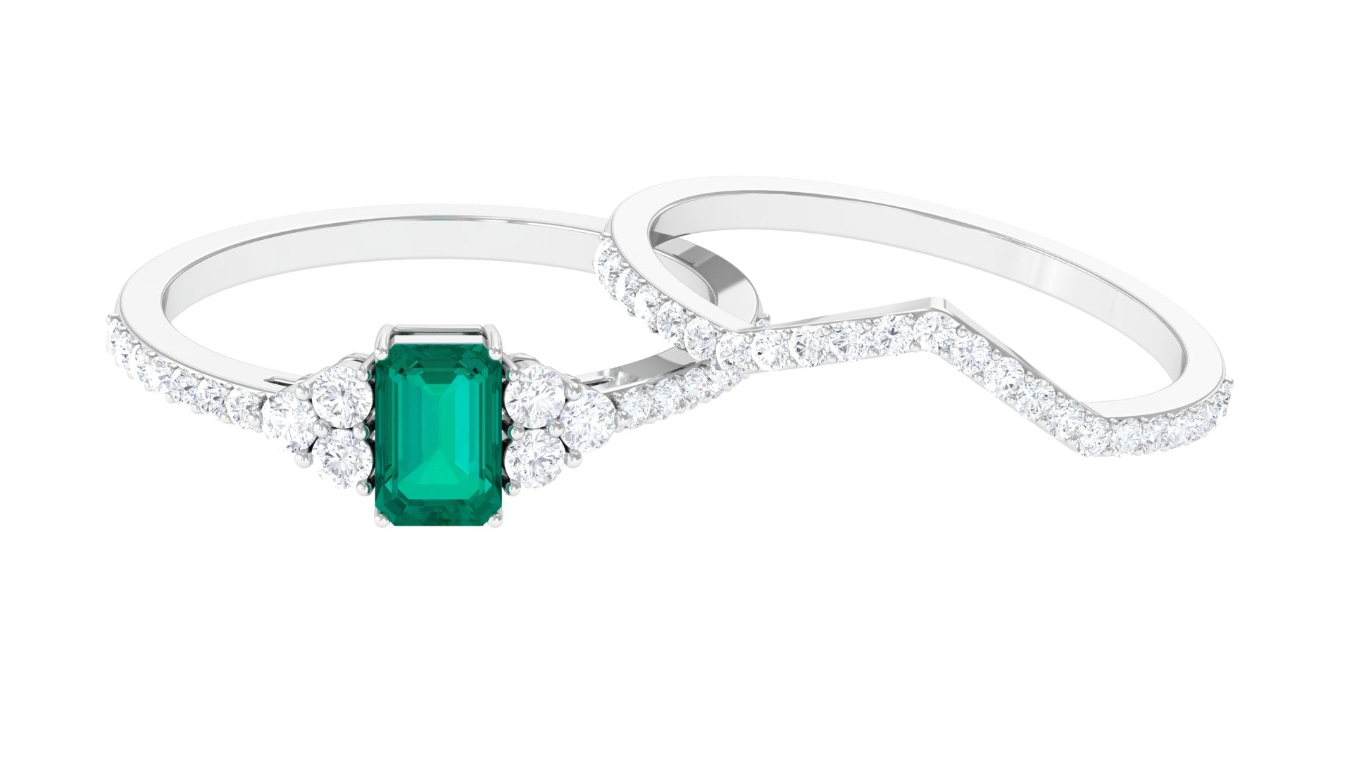 Octagon shape Emerald Ring Set with Diamond Stones Emerald - ( AAA ) - Quality - Rosec Jewels