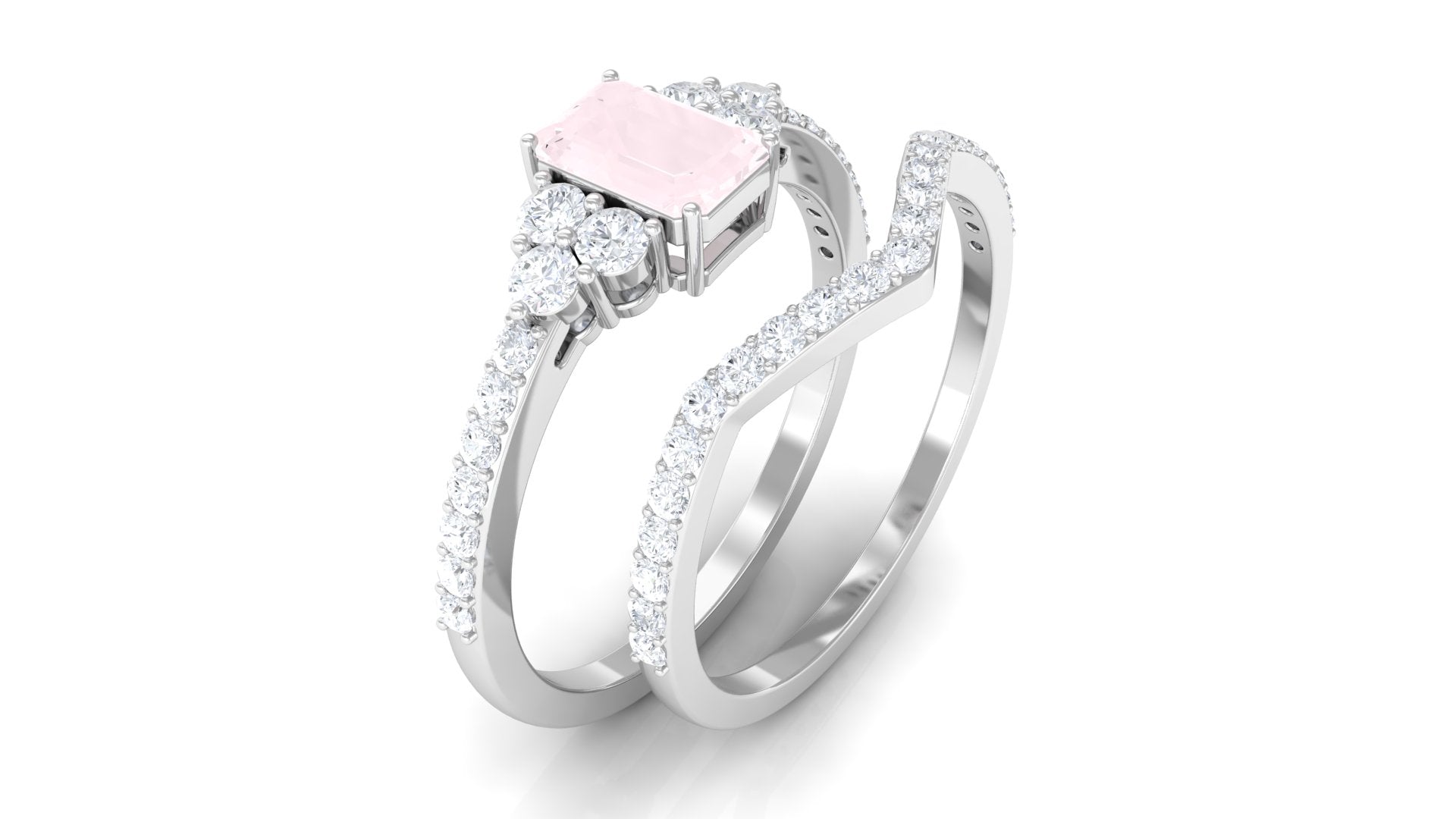 Emerald Cut Rose Quartz Stackable Ring Set with Diamond Rose Quartz - ( AAA ) - Quality - Rosec Jewels
