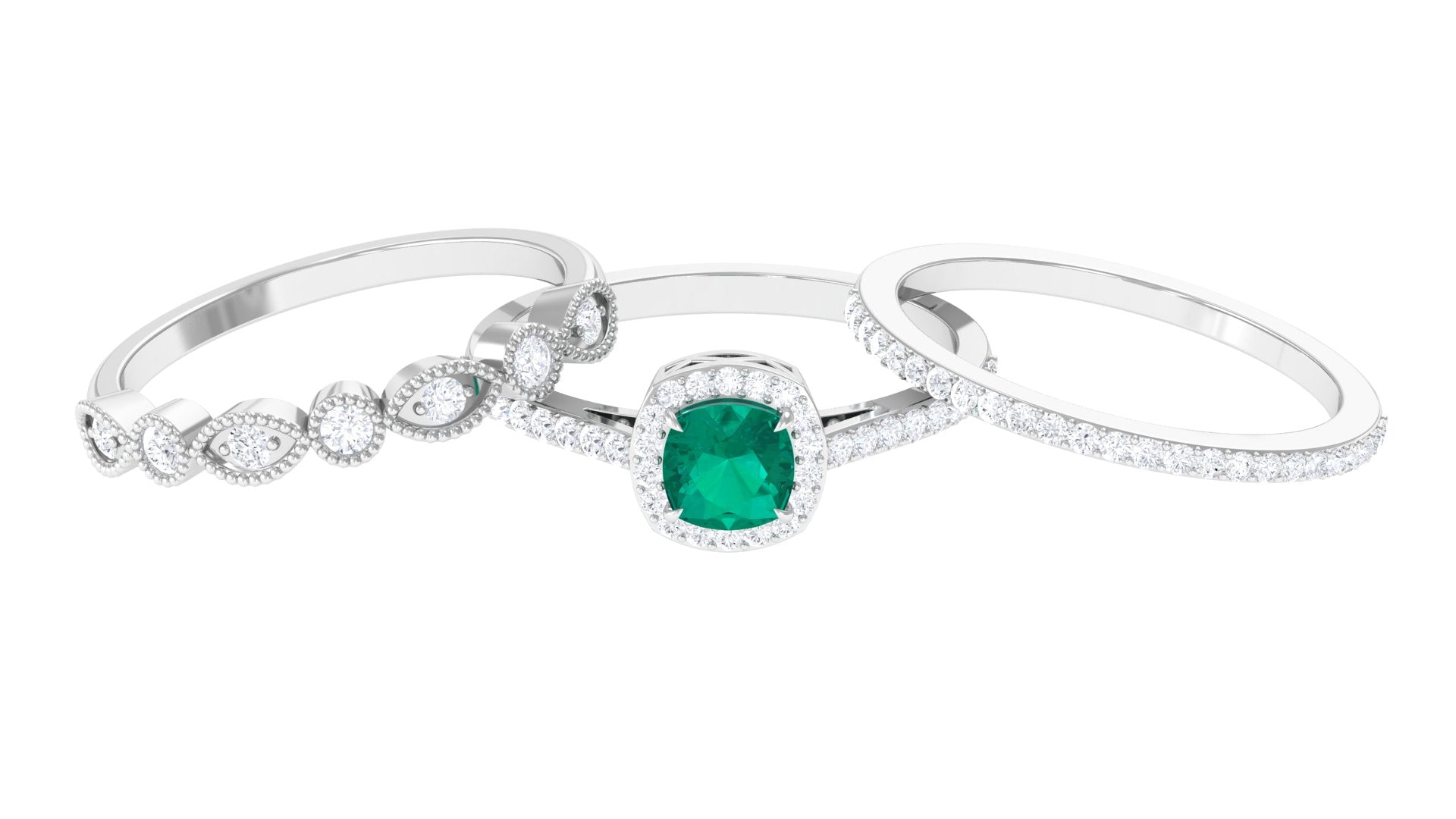 Cushion Cut Emerald Stackable Ring Set with Moissanite Emerald - ( AAA ) - Quality - Rosec Jewels