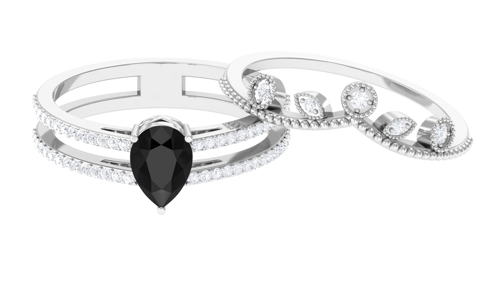 Pear Cut Real Black Spinel and Diamond Wedding Ring Set Black Spinel - ( AAA ) - Quality - Rosec Jewels