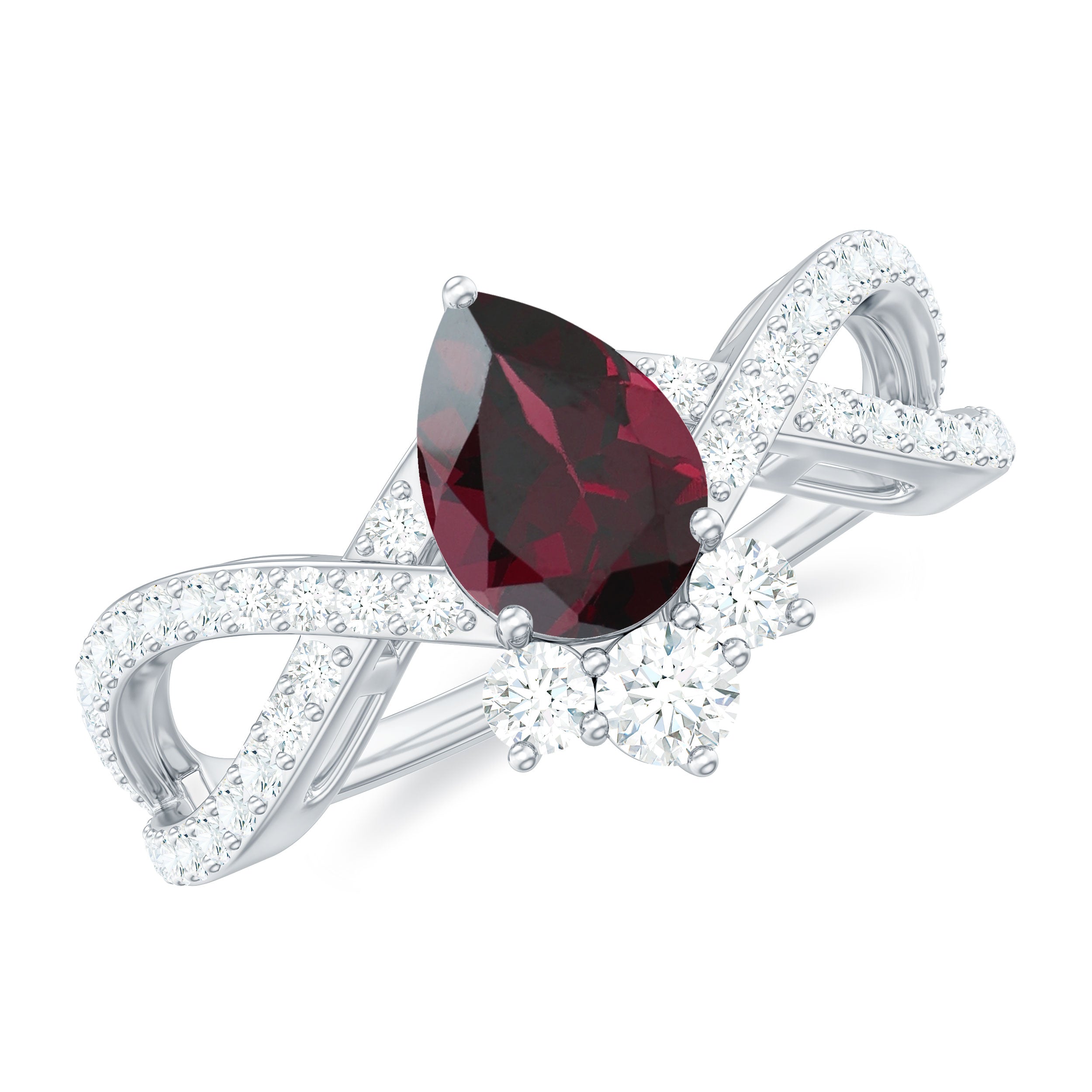1.75 CT Pear Cut Rhodolite Designer Solitaire Engagement Ring with Crossover Diamond Rhodolite - ( AAA ) - Quality - Rosec Jewels