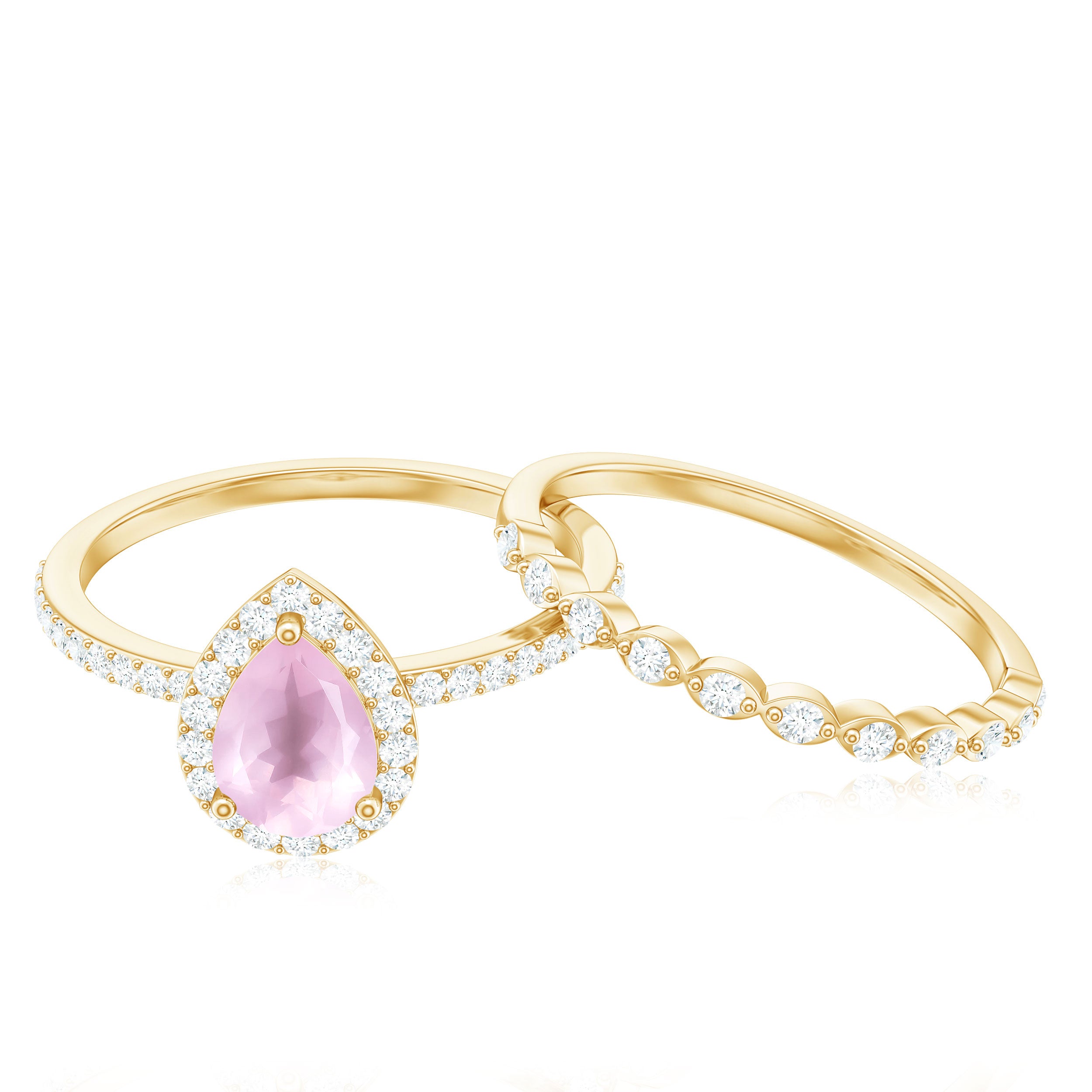 Teardrop Rose Quartz Bridal Ring Set with Diamond Rose Quartz - ( AAA ) - Quality - Rosec Jewels