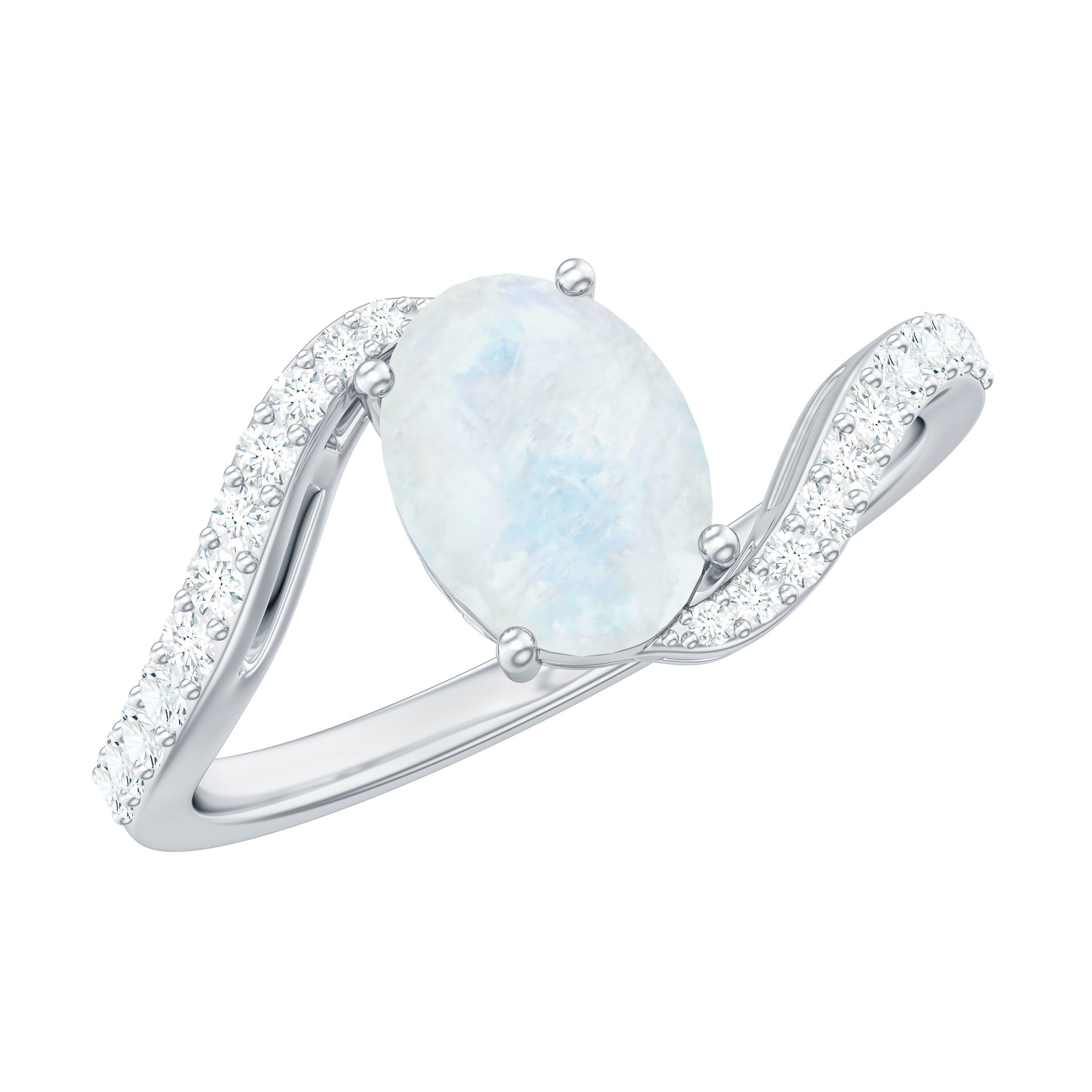 Oval Cut Solitaire Moonstone and Diamond Bypass Ring Moonstone - ( AAA ) - Quality - Rosec Jewels