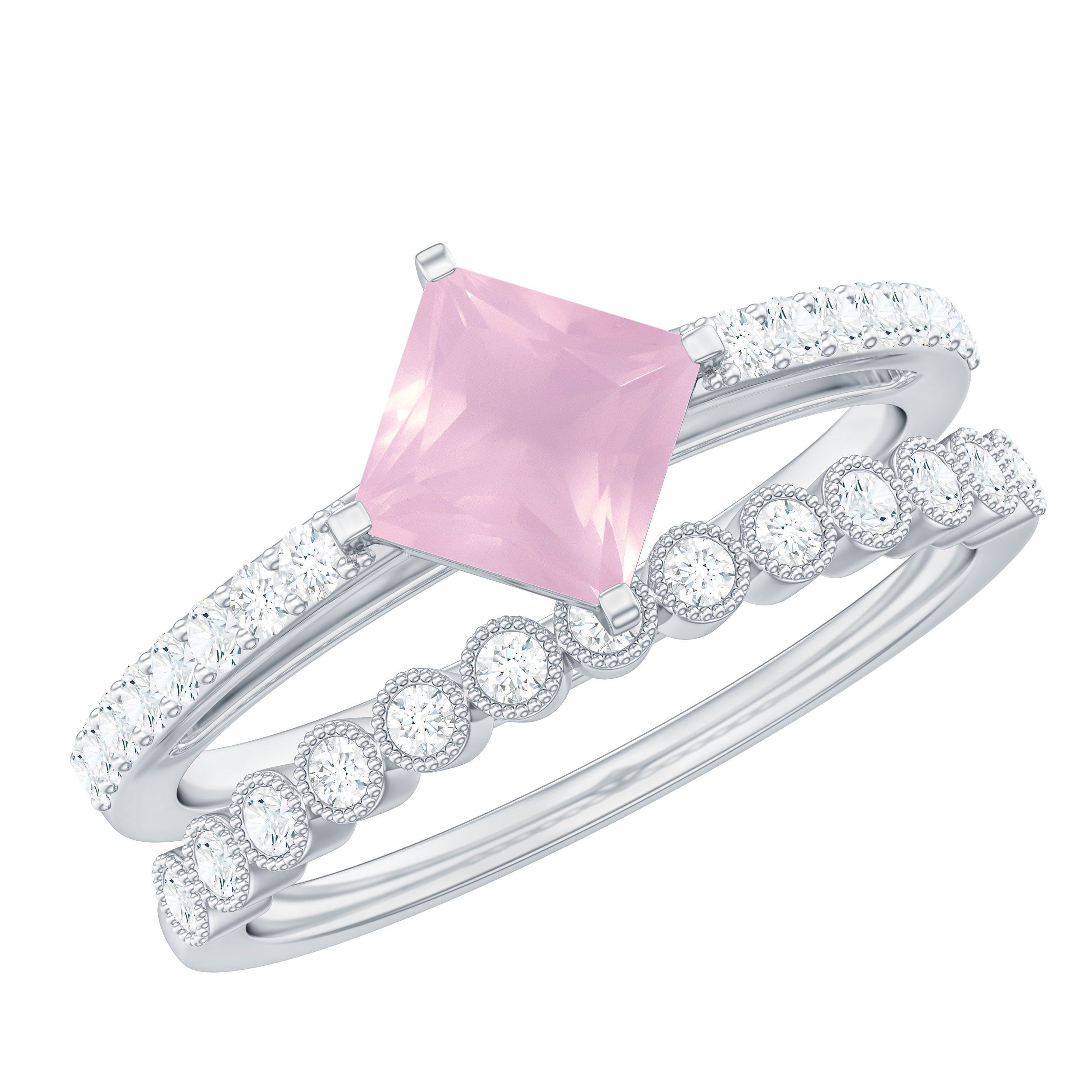Solitaire Rose Quartz and Diamond Ring Set Rose Quartz - ( AAA ) - Quality - Rosec Jewels