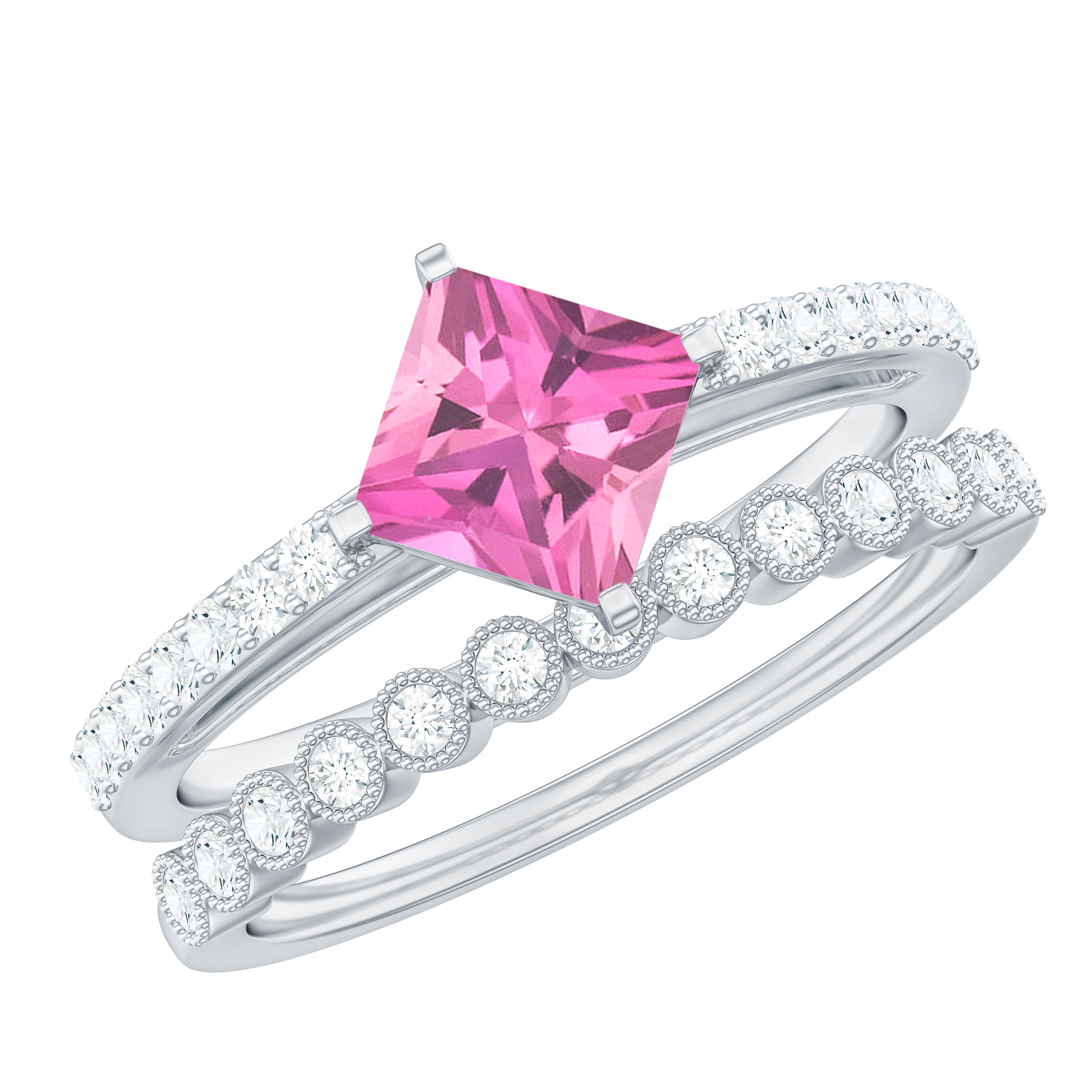 Princess Cut Pink tourmaline Wedding Ring Set with Moissanite Pink Tourmaline - ( AAA ) - Quality - Rosec Jewels