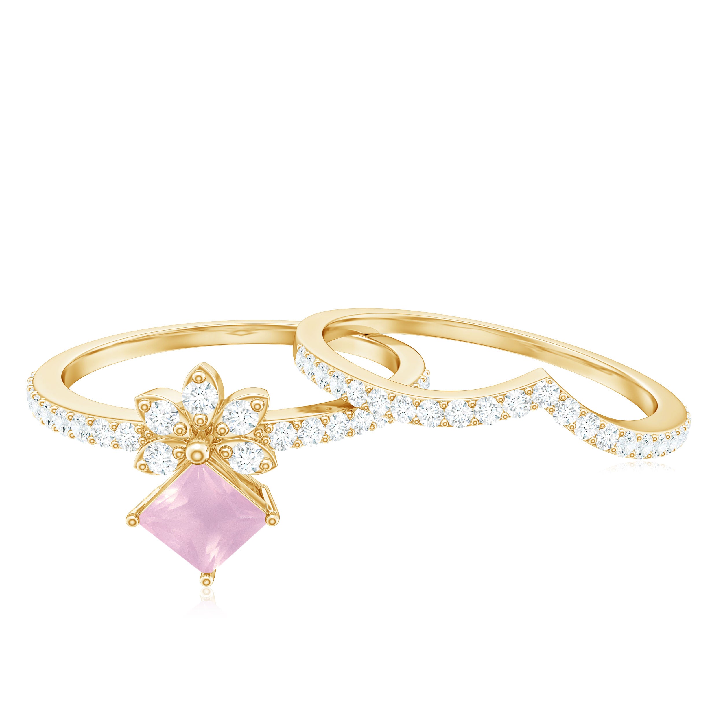 Princess Cut Rose Quartz and Diamond Flower Ring Set Rose Quartz - ( AAA ) - Quality - Rosec Jewels