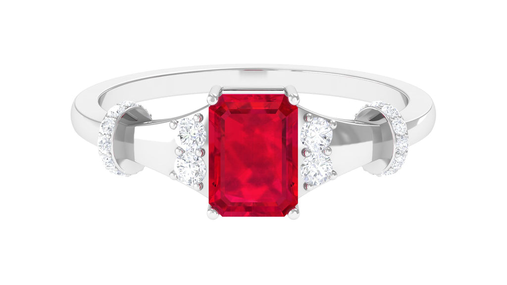 Emerald Cut Solitaire Created Ruby Ring with Diamond Lab Created Ruby - ( AAAA ) - Quality - Rosec Jewels