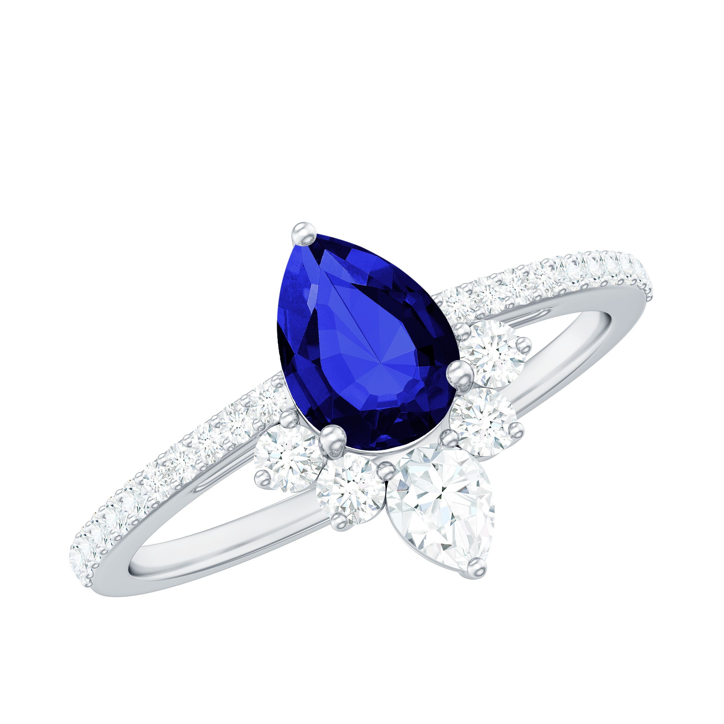 Pear Cut Lab-Created Blue Sapphire Crown Ring with Diamond Lab Created Blue Sapphire - ( AAAA ) - Quality - Rosec Jewels