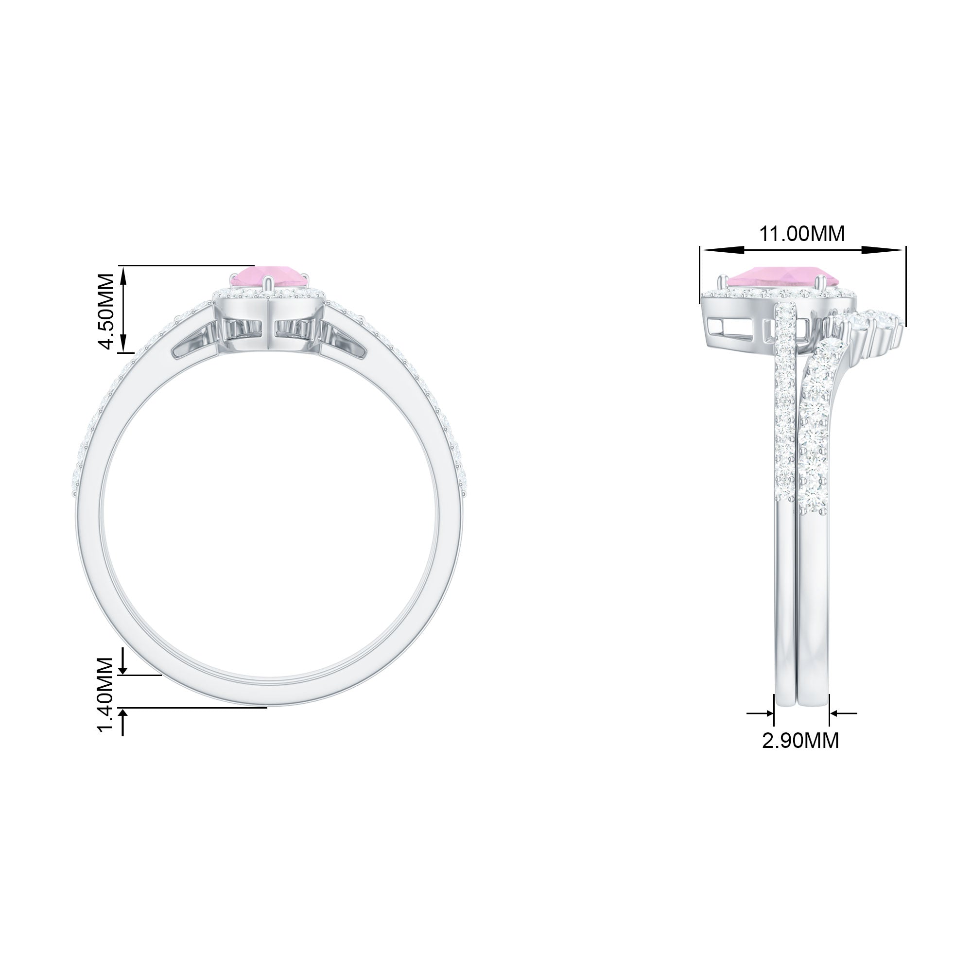 Rose Quartz Designer Teardrop Ring Set with Moissanite Halo Rose Quartz - ( AAA ) - Quality - Rosec Jewels