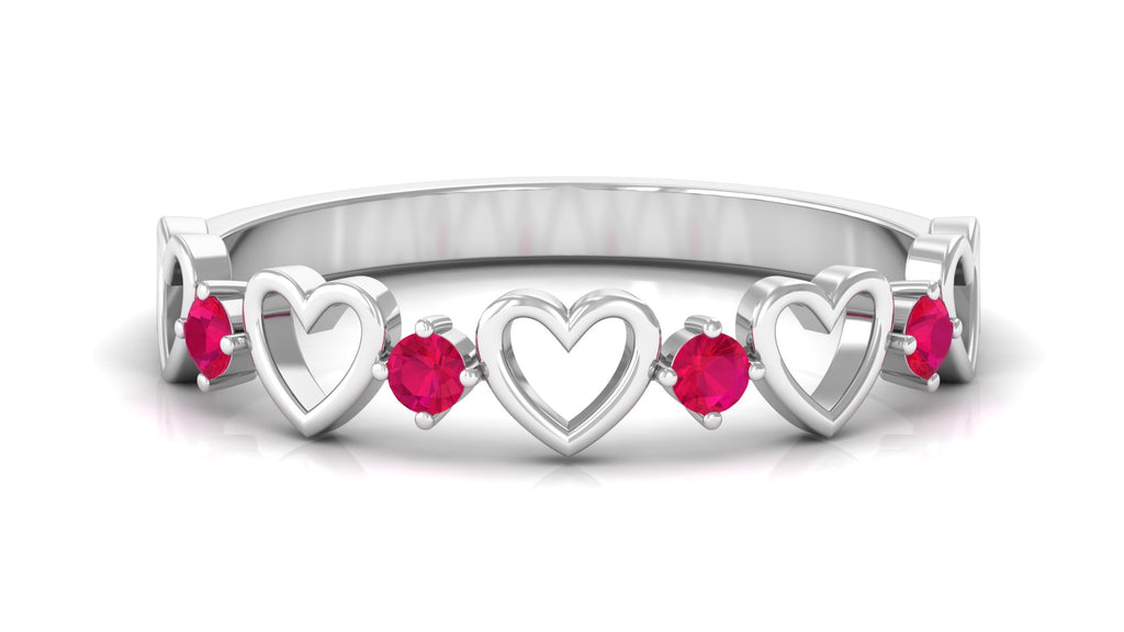 Round Shape Ruby Open Heart Half Eternity Ring Ruby - ( AAA ) - Quality - Rosec Jewels