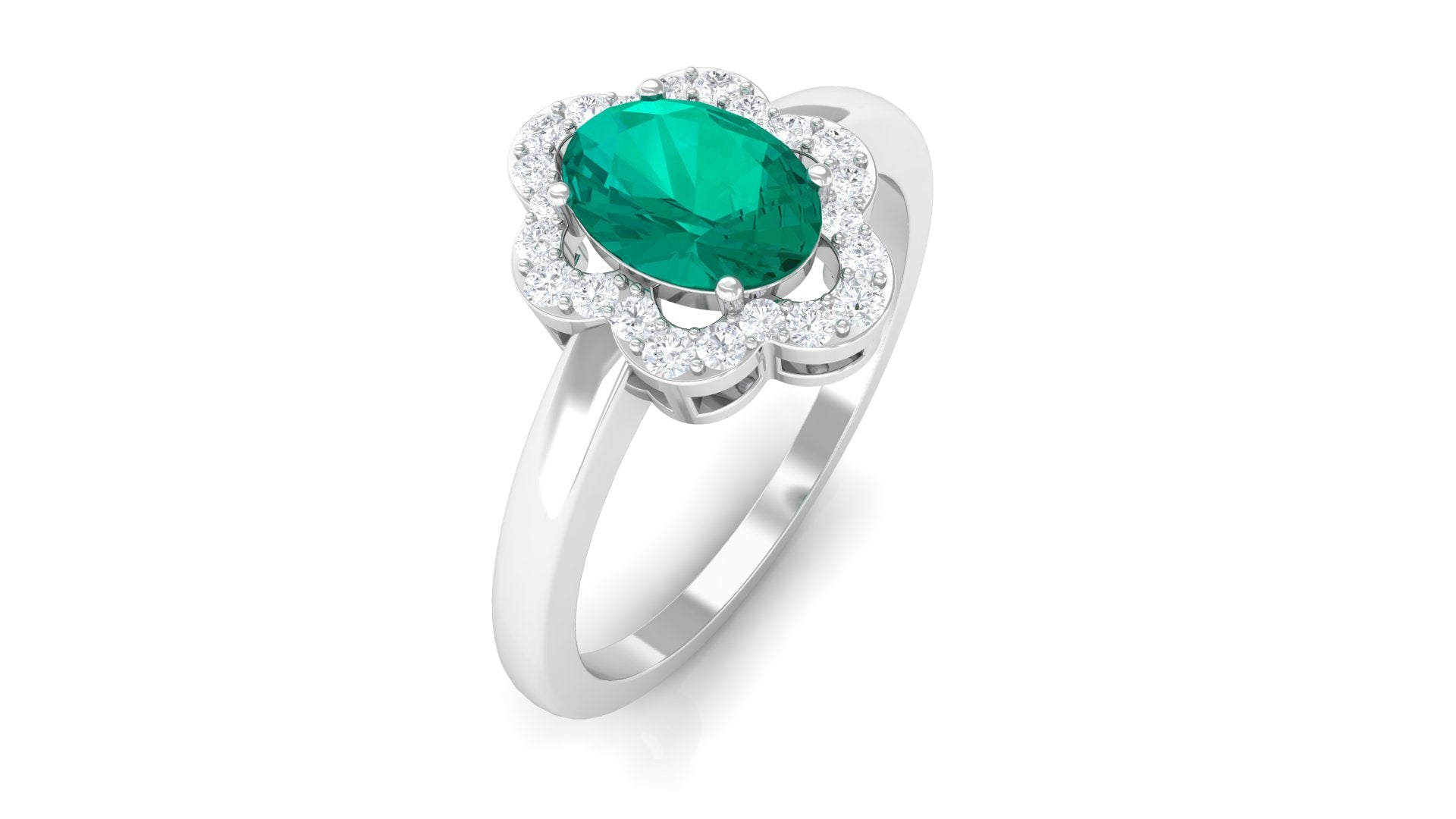 Oval Emerald Cocktail Flower Ring with Diamond Emerald - ( AAA ) - Quality - Rosec Jewels