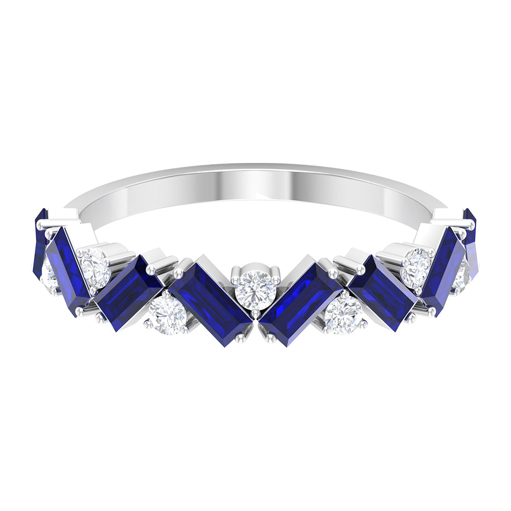 Baguette Cut Natural Blue Sapphire and Moissanite Half Eternity Ring