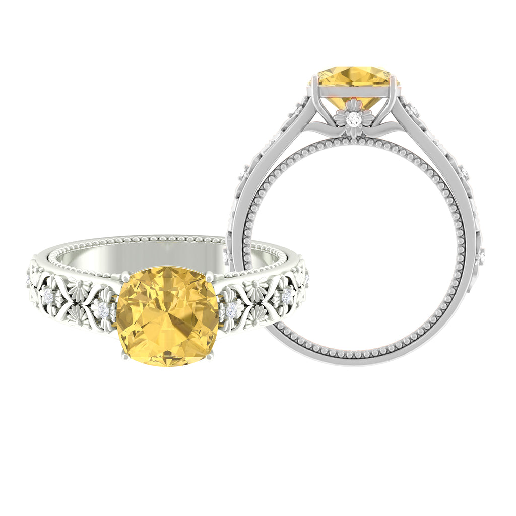 Vintage Inspired Cushion Cut Citrine Solitaire Ring with Diamond