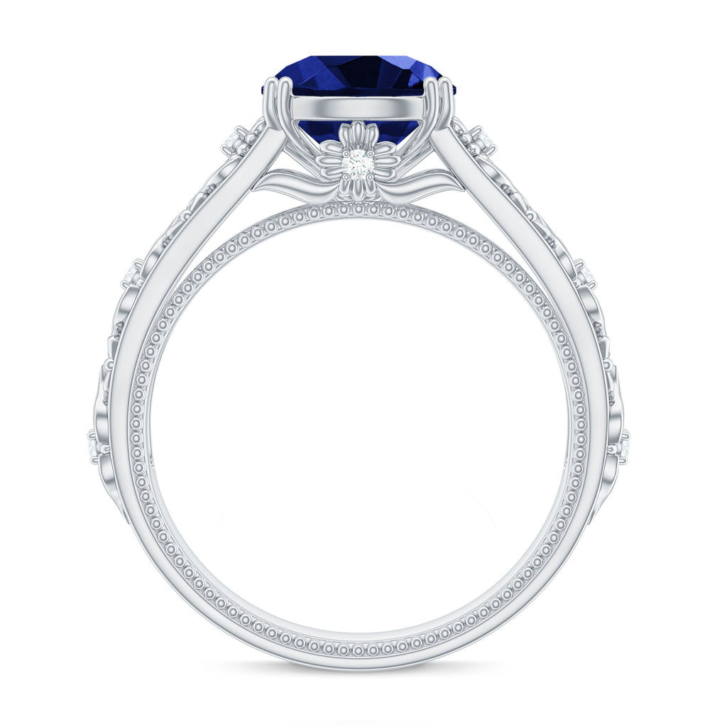 Round Created Blue Sapphire Floral Engagement Ring with Diamond Lab Created Blue Sapphire - ( AAAA ) - Quality - Rosec Jewels