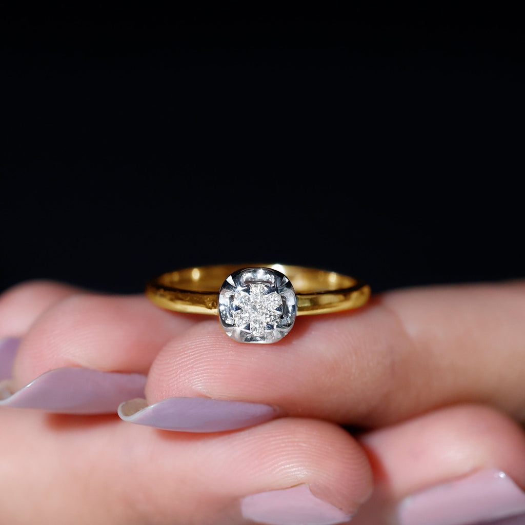Round Shape Diamond Gold Ring in Illusion Setting Diamond - ( HI-SI ) - Color and Clarity - Rosec Jewels