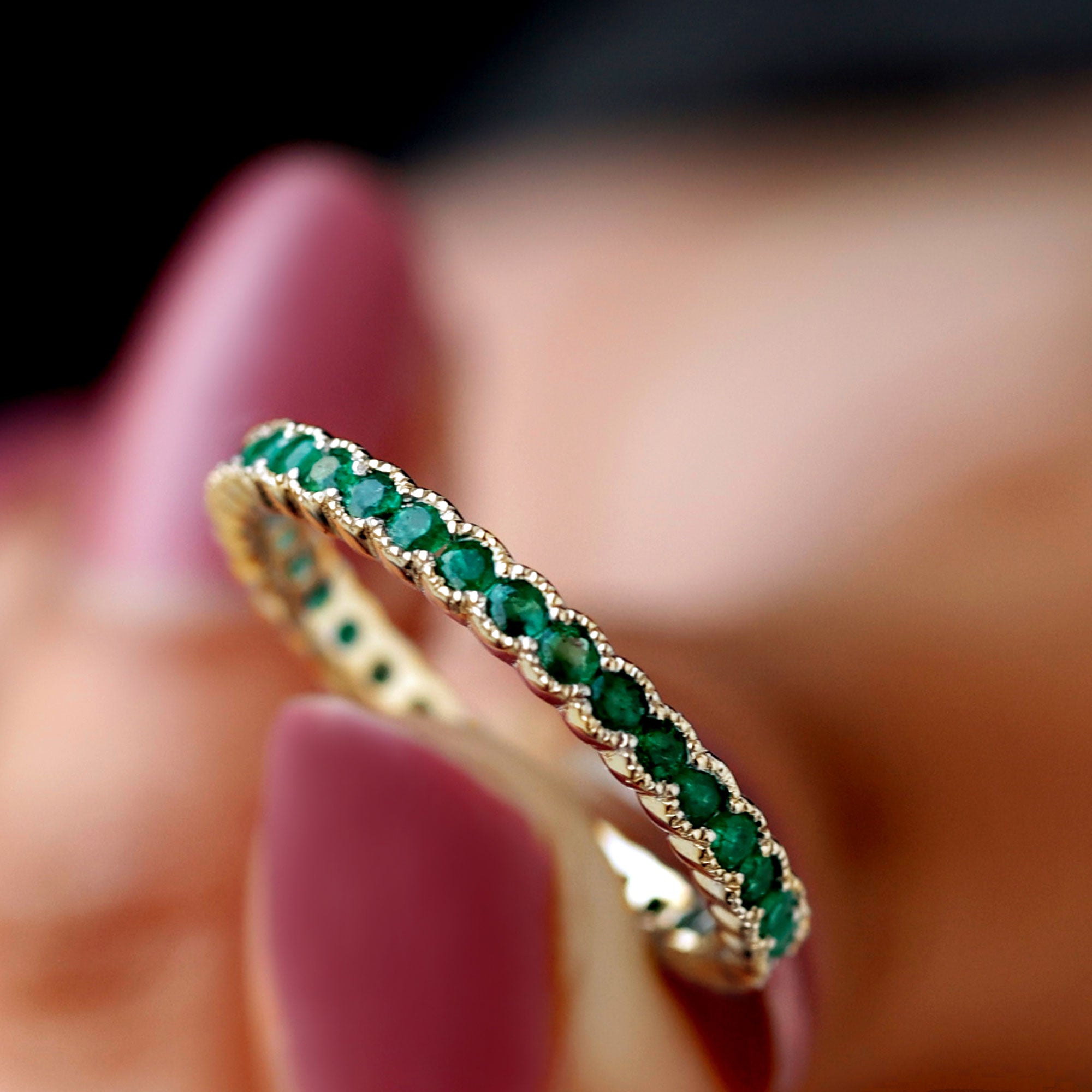 Beaded Bezel Emerald Full Eternity Anniversary Band Ring Emerald - ( AAA ) - Quality - Rosec Jewels