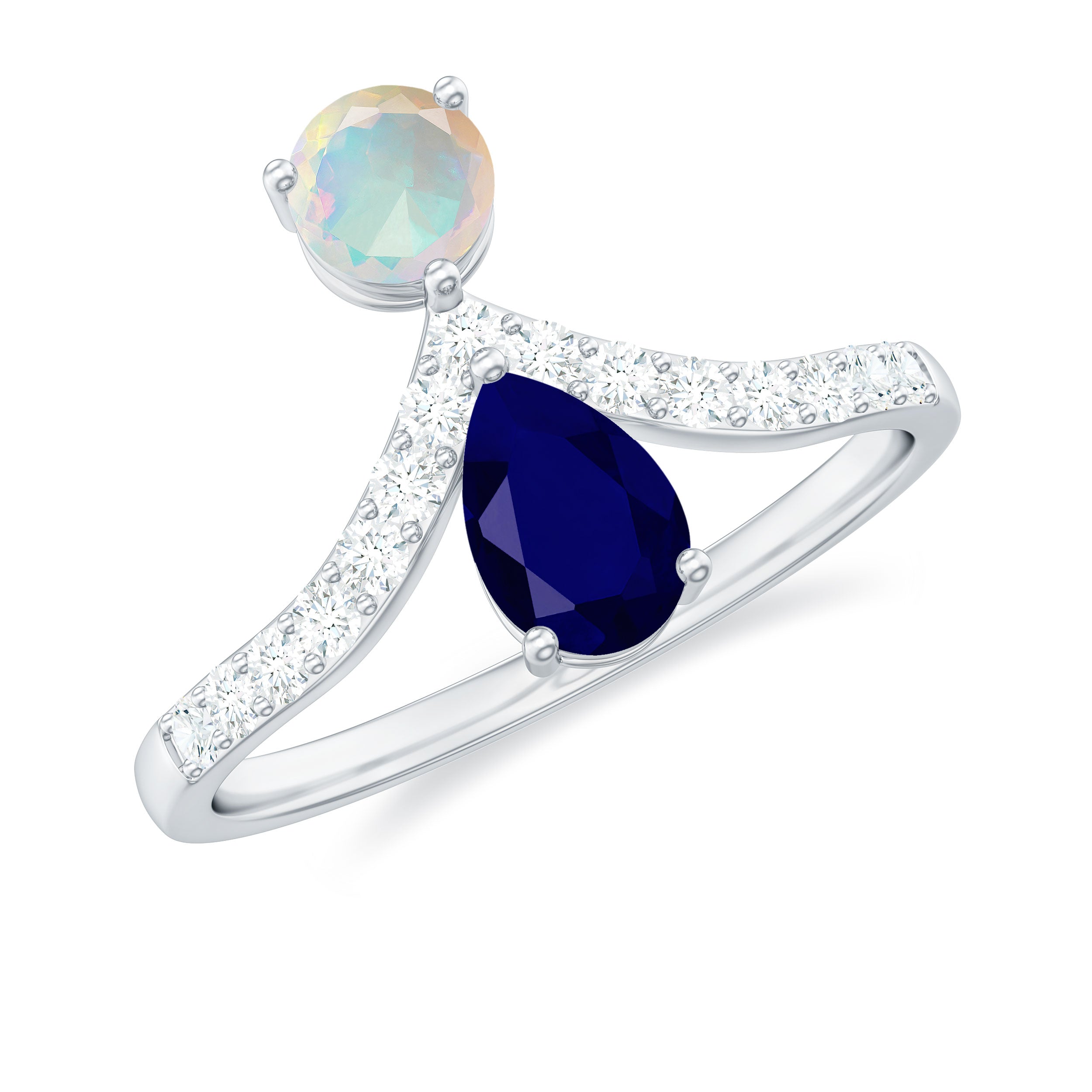 Blue Sapphire and Ethiopian Opal Two Stone Engagement Ring with Moissanite Blue Sapphire - ( AAA ) - Quality - Rosec Jewels