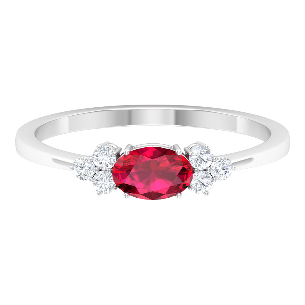 East West Ruby Oval Engagement Ring with Diamond Trio Ruby - ( AAA ) - Quality - Rosec Jewels