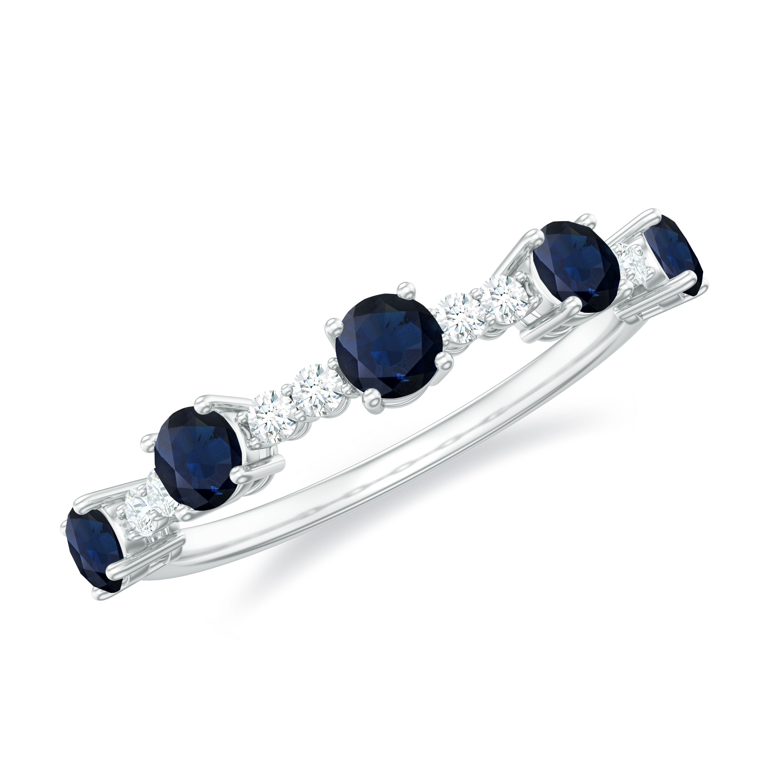 Round Blue Sapphire and Diamond Half Eternity Ring Blue Sapphire - ( AAA ) - Quality - Rosec Jewels