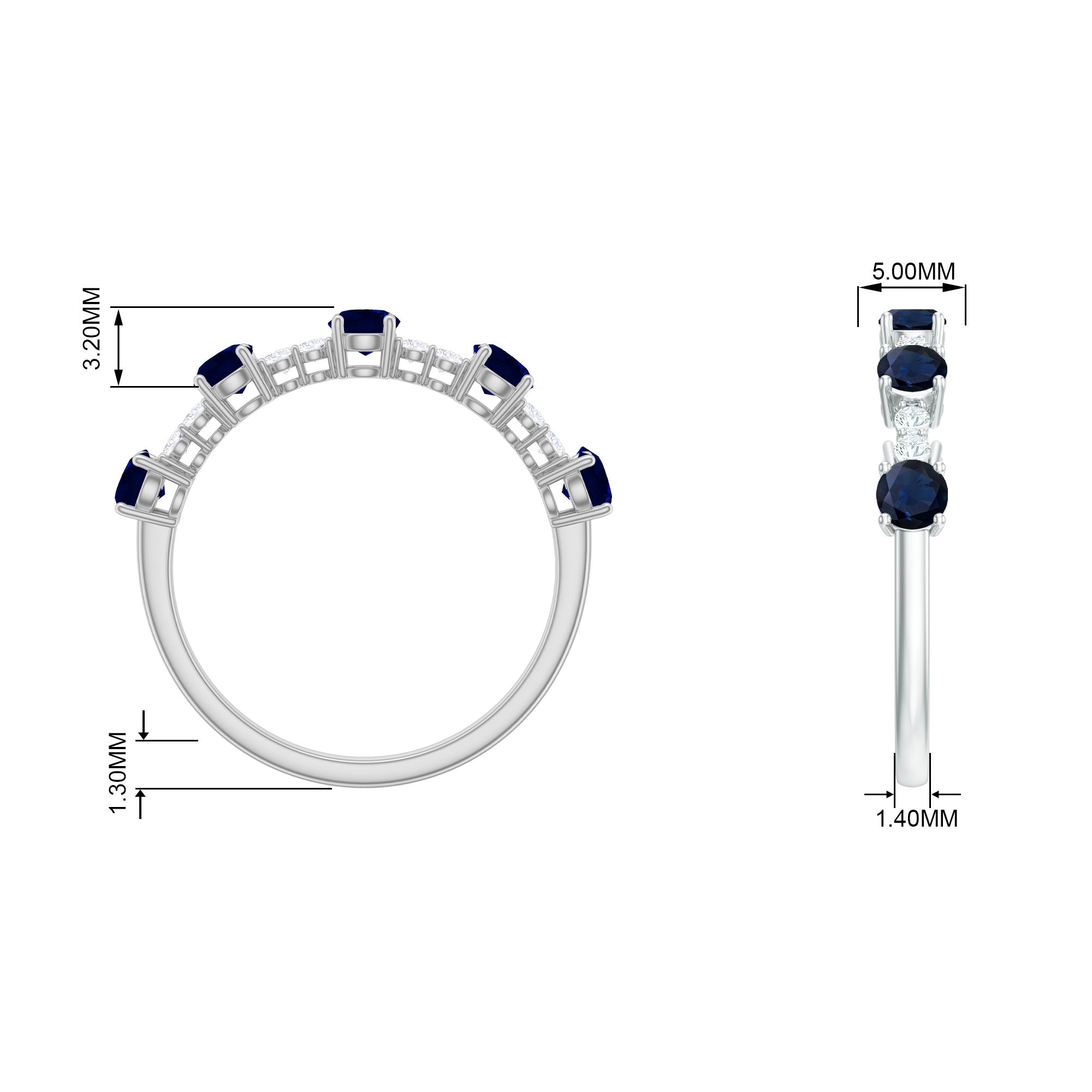 Round Blue Sapphire and Diamond Half Eternity Ring Blue Sapphire - ( AAA ) - Quality - Rosec Jewels