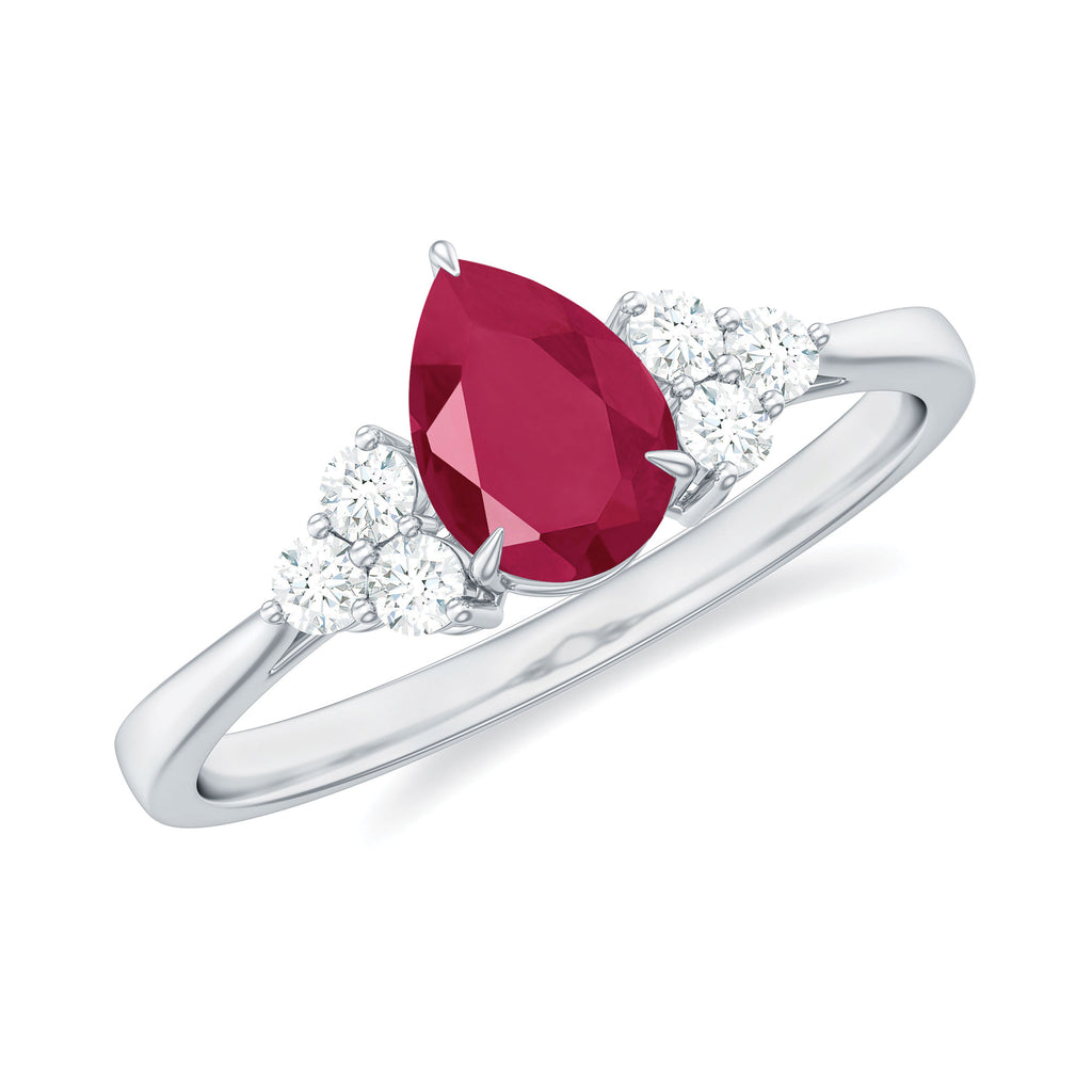 Claw Set Pear Cut Ruby Engagement Ring with Diamond Trio